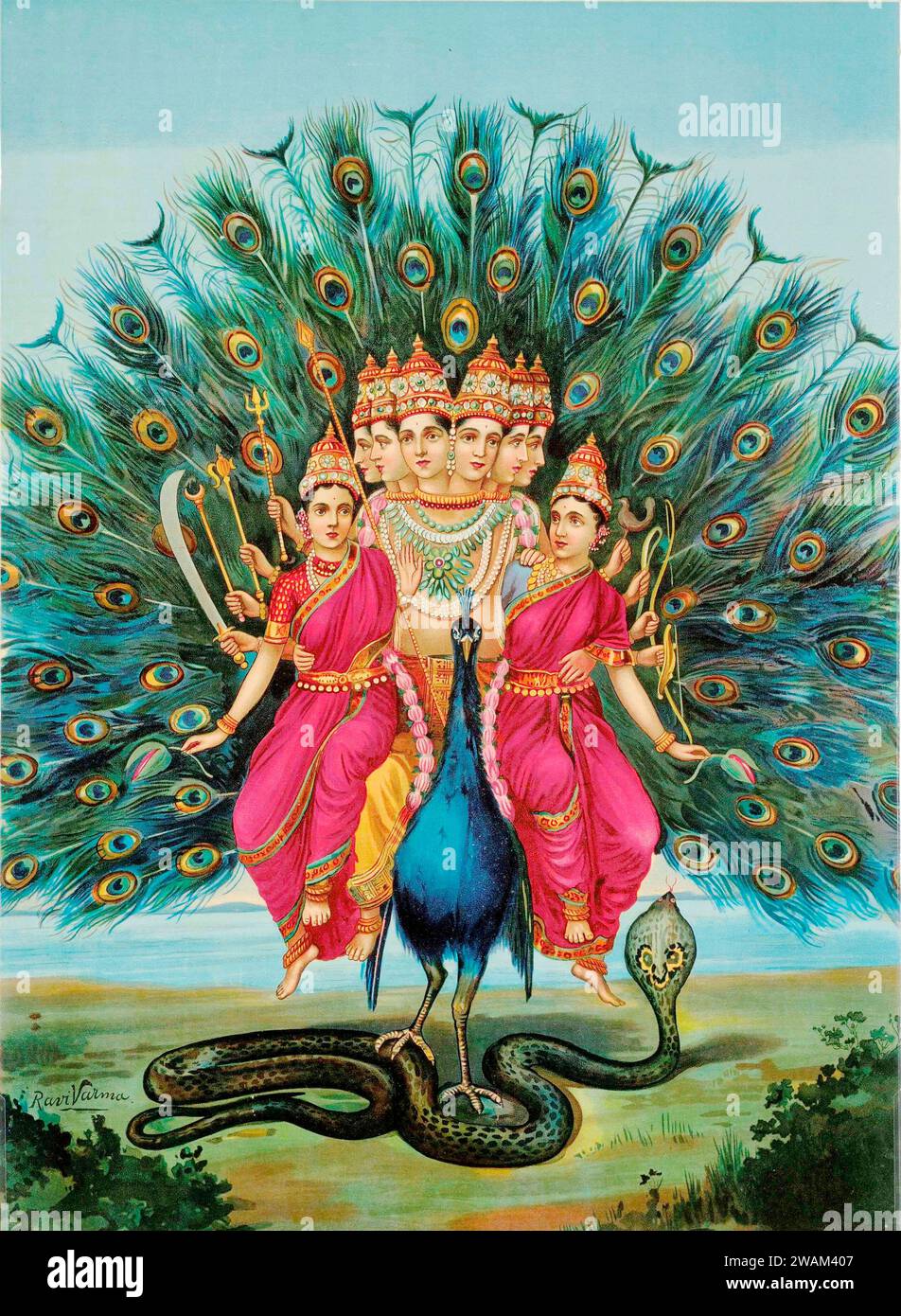 Raja Ravi Varma – Hindu-Gottheit Karttikeya oder Murugan mit seinen Gefährten auf seinem Vahana-Pfau. Stockfoto