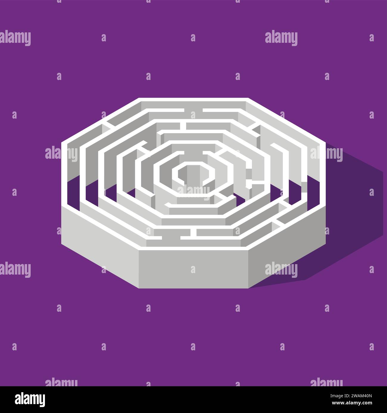 Labyrinth-Sechseck-isometrisches Spiel und Labyrinth-lustiges Puzzle isoliert auf lila Hintergrund. Puzzle Rätsel Logik Spiel isometrisches Konzept. Vektorabbildung Stock Vektor