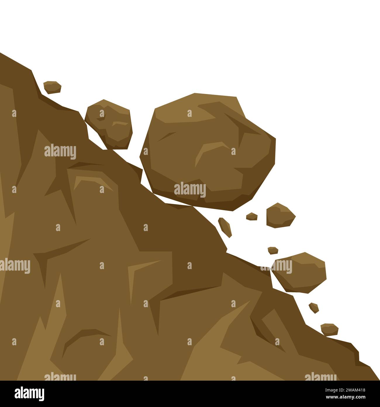 Erdrutsch isoliert auf weißem Hintergrund, Steine fallen vom Felsen. Felsbrocken, die einen Hügel hinunter Rollen. Abbildung des Steinschlagvektors Stock Vektor