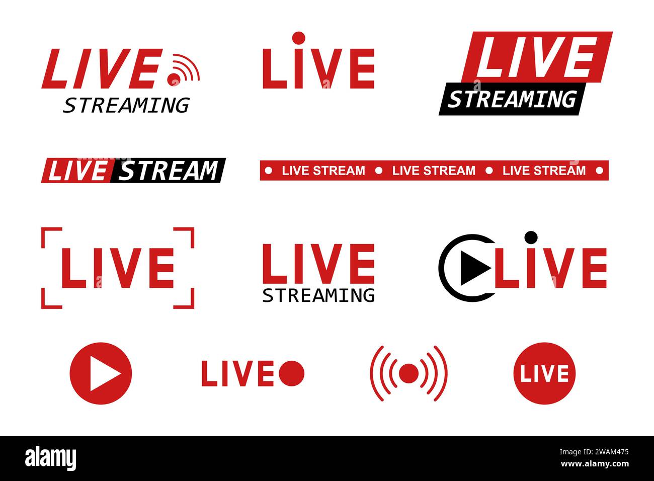 Livestreaming-Symbole. Rote und schwarze Symbole und Schaltflächen für Live-Streaming, Übertragung und Online-Stream. Vorlage für tv, Shows, Filme und Live Stock Vektor