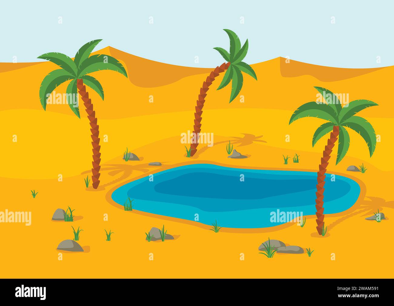 Oase, See und Palmen in der Wüste. Sanddünen Wüstenlandschaft. Wunderschöne Naturlandschaft. Vektorabbildung Stock Vektor