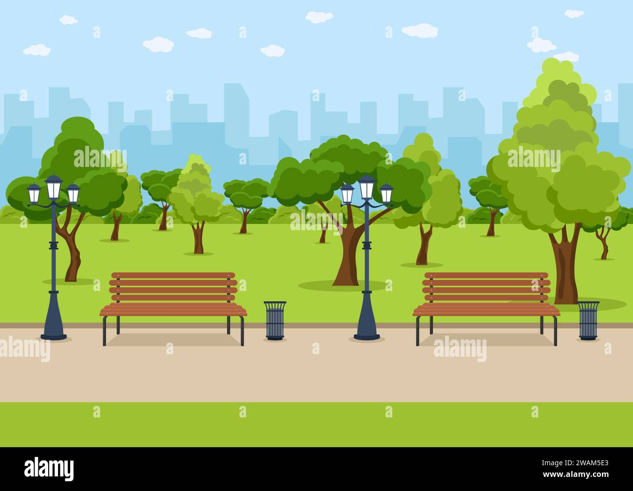 City Park Holzbank, Rasen und Bäume, Mülleimer. Fußweg und Straßenlaterne. Stadt und Stadtpark Natur. Vektorabbildung Stock Vektor