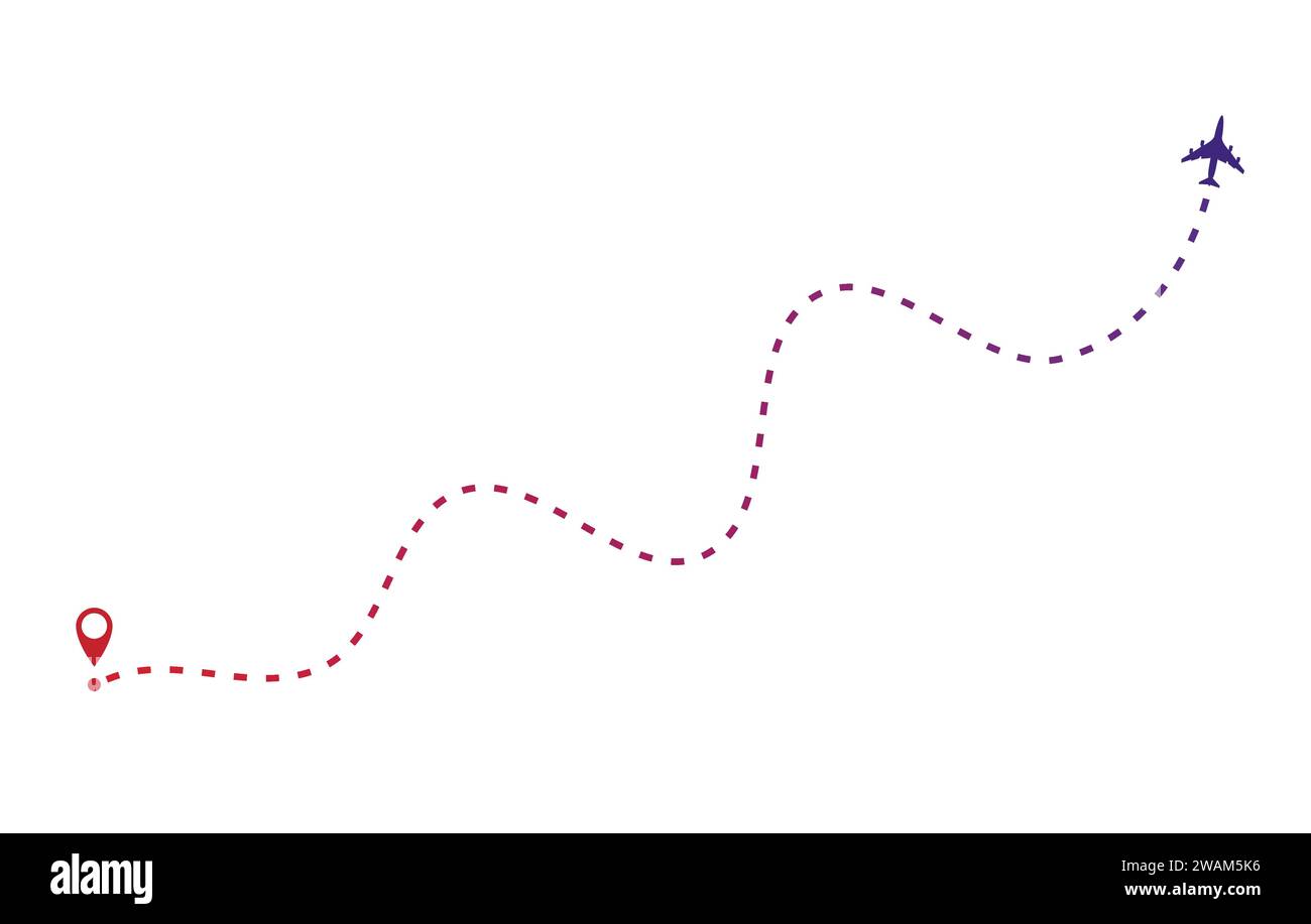 Flugstrecke, gestrichelte Linie und Flugstrecke isoliert auf weiß. Symbol für Fluglinie, Flugzeuge und Pin-Symbol. Flugzeugdirektionalbahn, Karte Stock Vektor