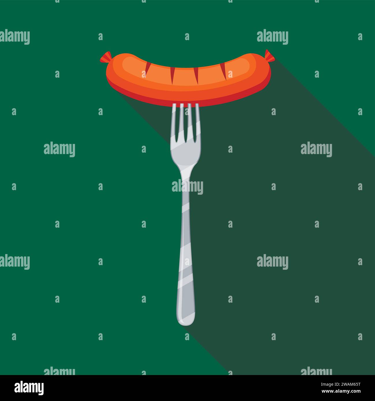 Gegrillte Wurst auf einer Gabel Symbol auf grünem Hintergrund mit langem Schatten. Vektorillustration für Fleischfutter Stock Vektor