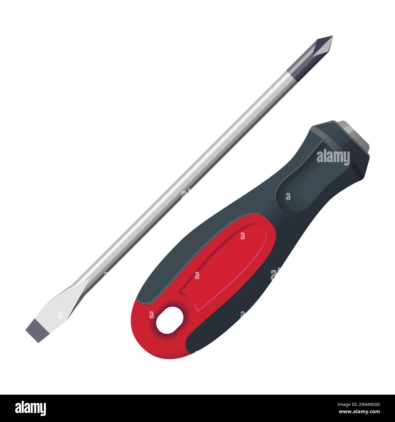 Realistischer Schraubendreher isoliert auf weißem Hintergrund. Handwerkzeuge für Reparatur und Bau. kreuzschlitz- und Flachkopf-kreuzschlitzschraubendreher, Vector Illust Stock Vektor