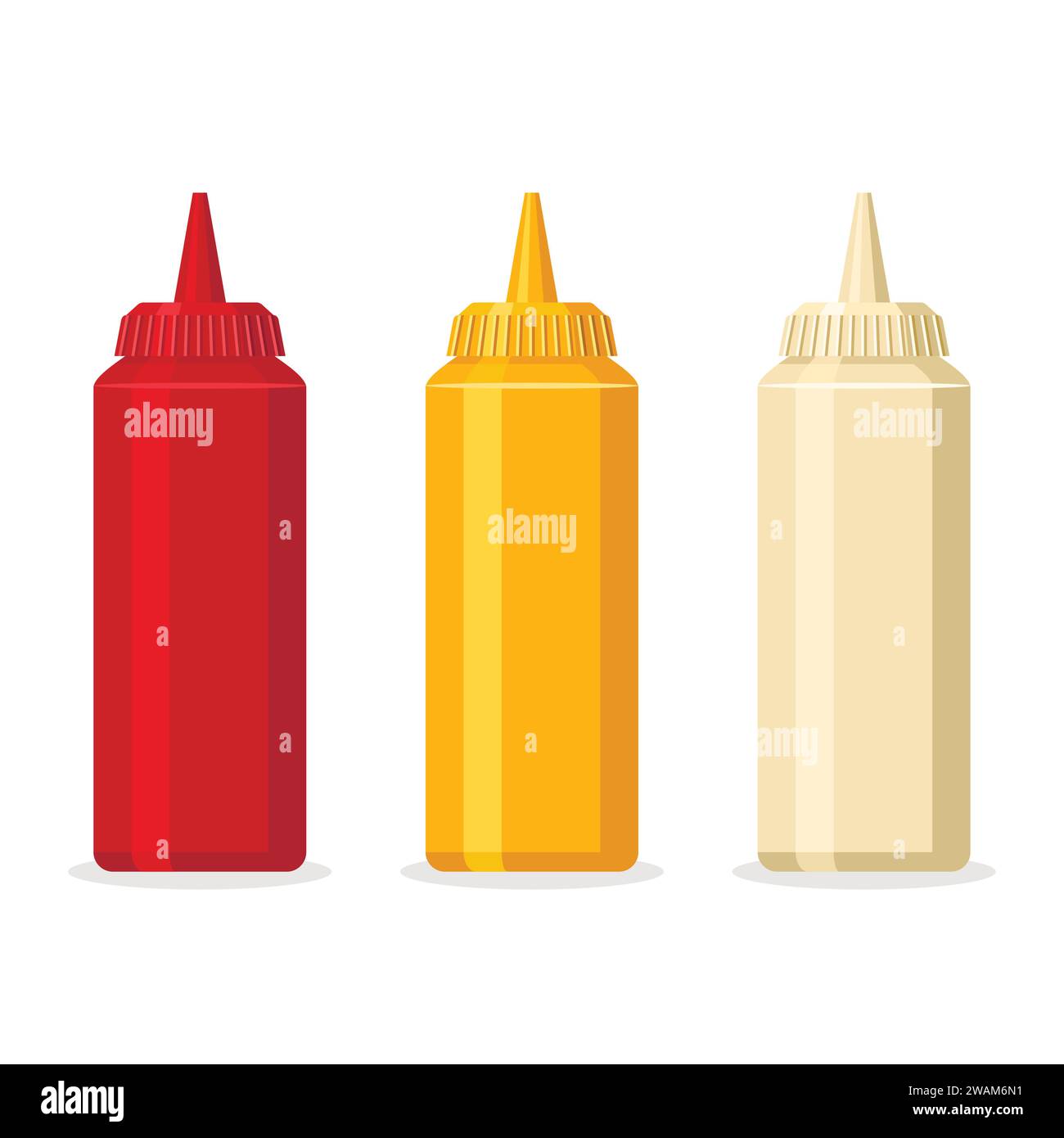 Ketchup-Senf und Mayonnaise-Flaschen mit würziger, köstlicher Sauce für Fast Food. Weiße, rote, gelbe Behälter für Saucen und Dressings, die auf wh isoliert sind Stock Vektor