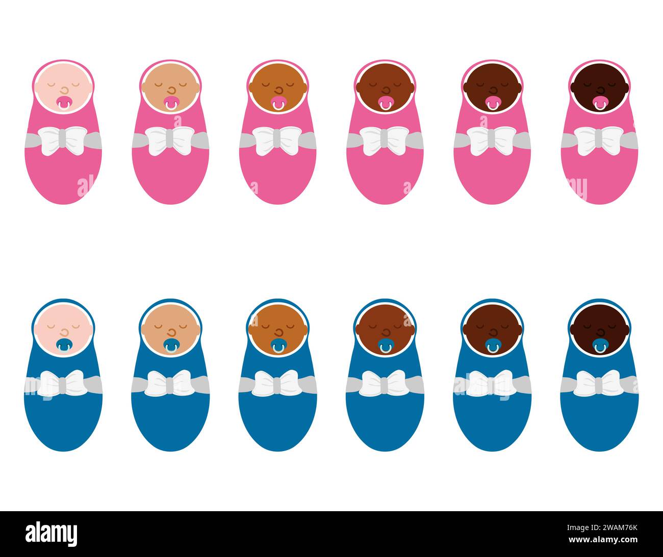 Mädchen und Jungen Babys mit unterschiedlicher Hautfarbe. Kleinkinder oder Neugeborene ethnische Vielfalt. Darstellung multinationaler Vektoren. Stock Vektor