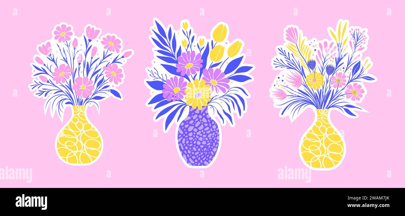Sammlung von Aufklebern mit Blumen in Vasen. Stock Vektor