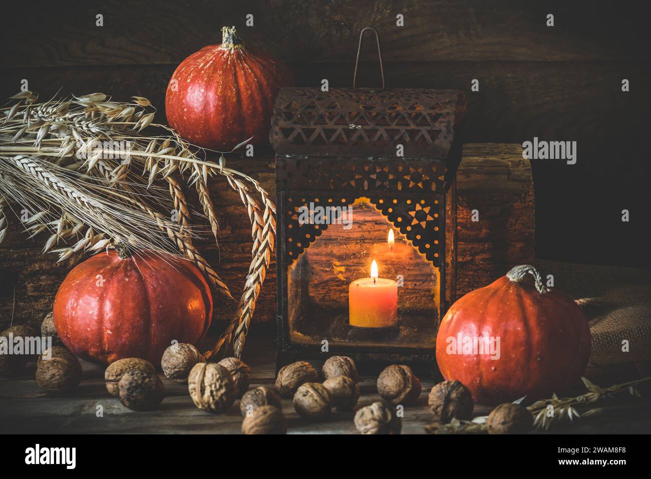 Orangefarbene Kürbisse, Laterne und Walnüsse auf rustikalem Holzhintergrund, Herbstdekoration Stockfoto