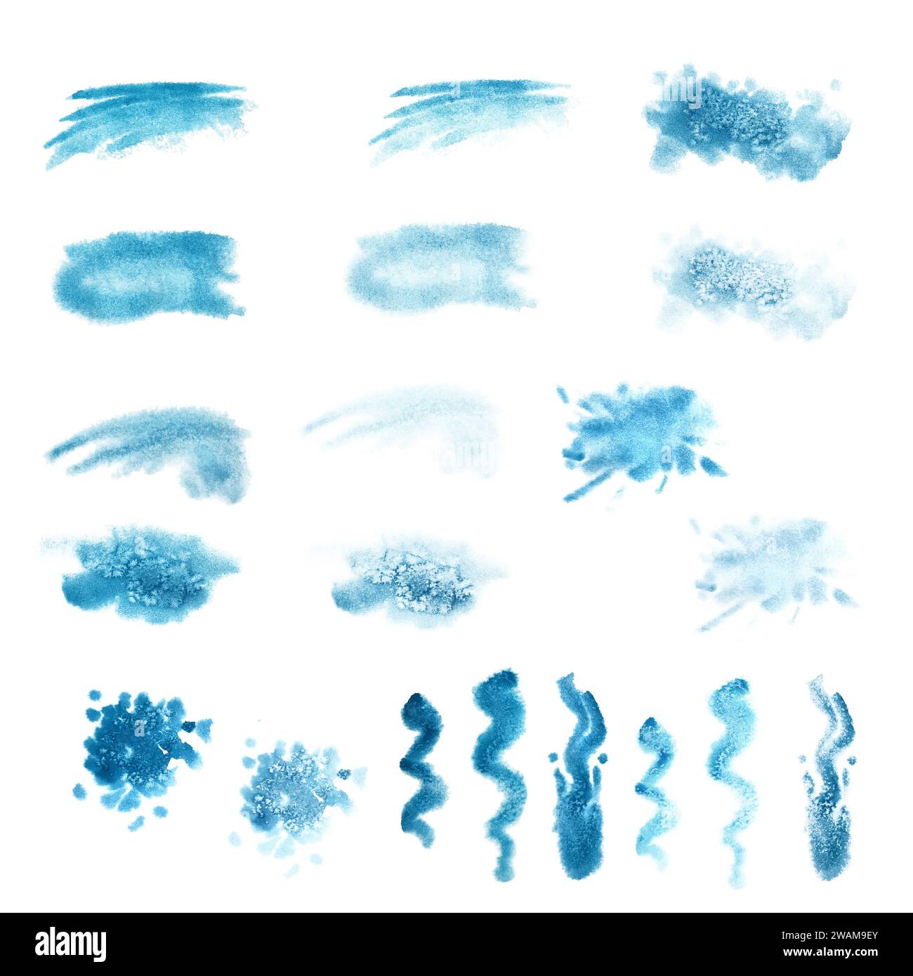 Aquarellblaue Flecken, Spritzer für das Bild des Meeres, Wellen, Himmel, Wolken, Nebel, Hintergrund, abstrakte Meereslandschaften mit Textur. Die Abbildungen sind isol Stockfoto