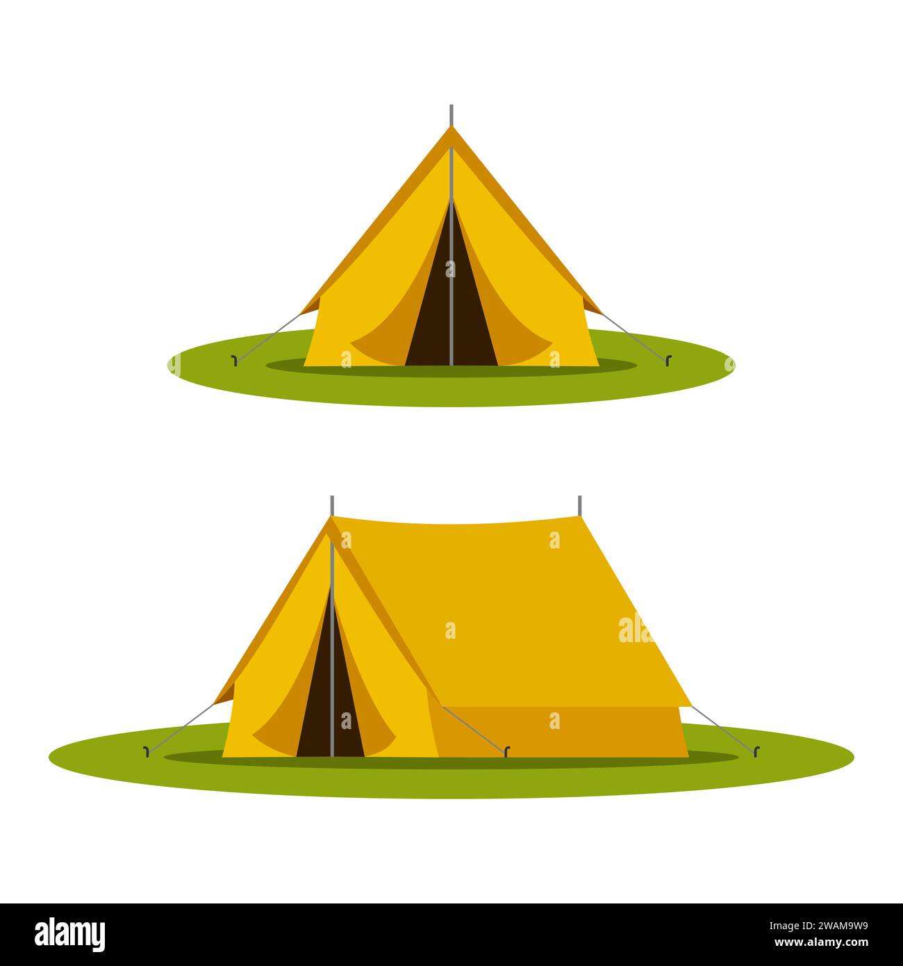 Gelbes Camping-Touristenzelt in der Outdoor-Reise auf weißem Hintergrund. Vektor-Illustration für Naturtourismus, Reise, Abenteuer Stock Vektor