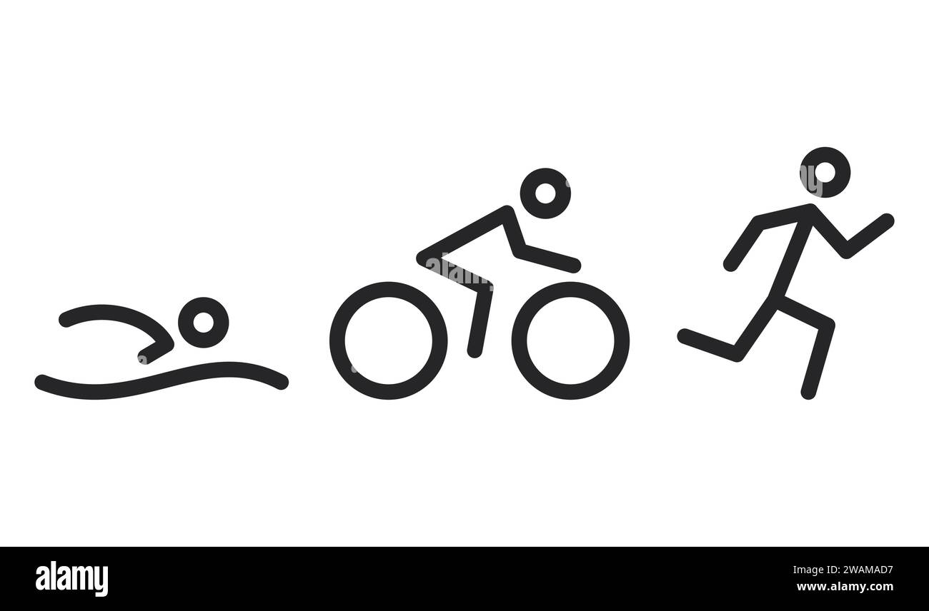 Triathlon-Aktivitätssymbole – Schwimmen, Laufen, Fahrrad. Schwimmen, Radfahren und Outdoor-Sport Ikonen isoliert auf weißem Hintergrund. Vektorabbildung Stock Vektor