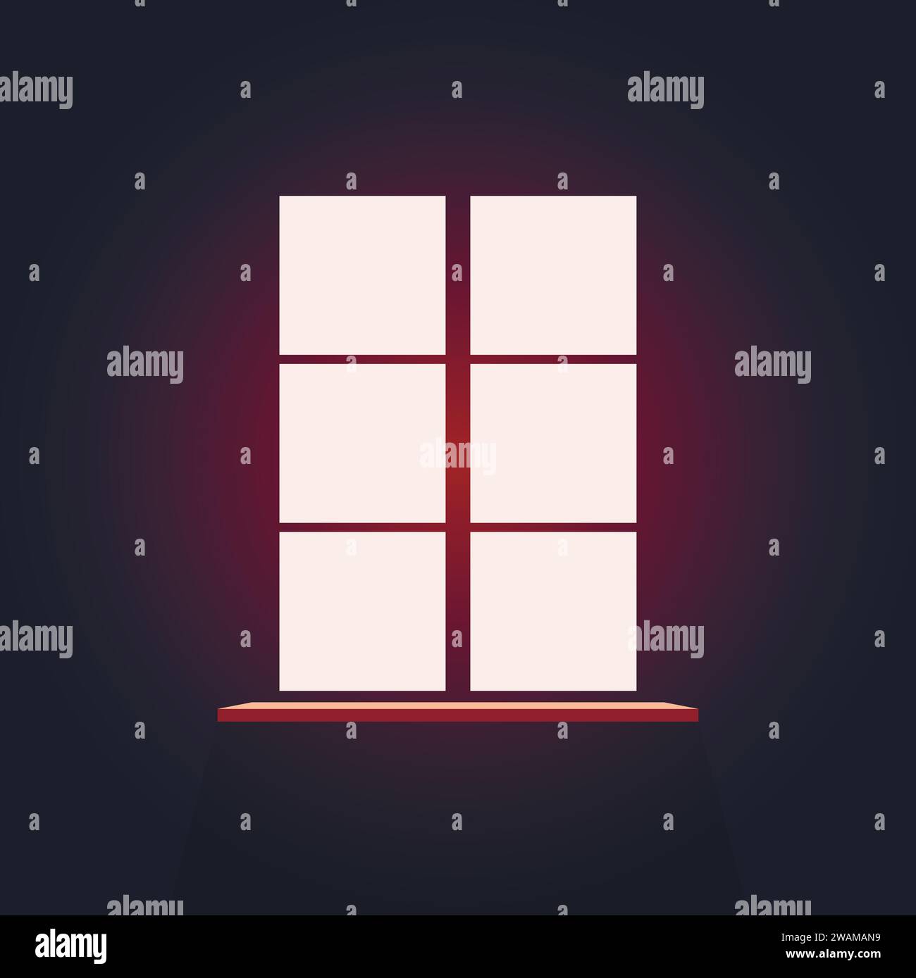 Fenster in einem dunklen Raum mit Licht. Blick auf die Abenddämmerung, rote Farbtöne. Vektorabbildung Stock Vektor
