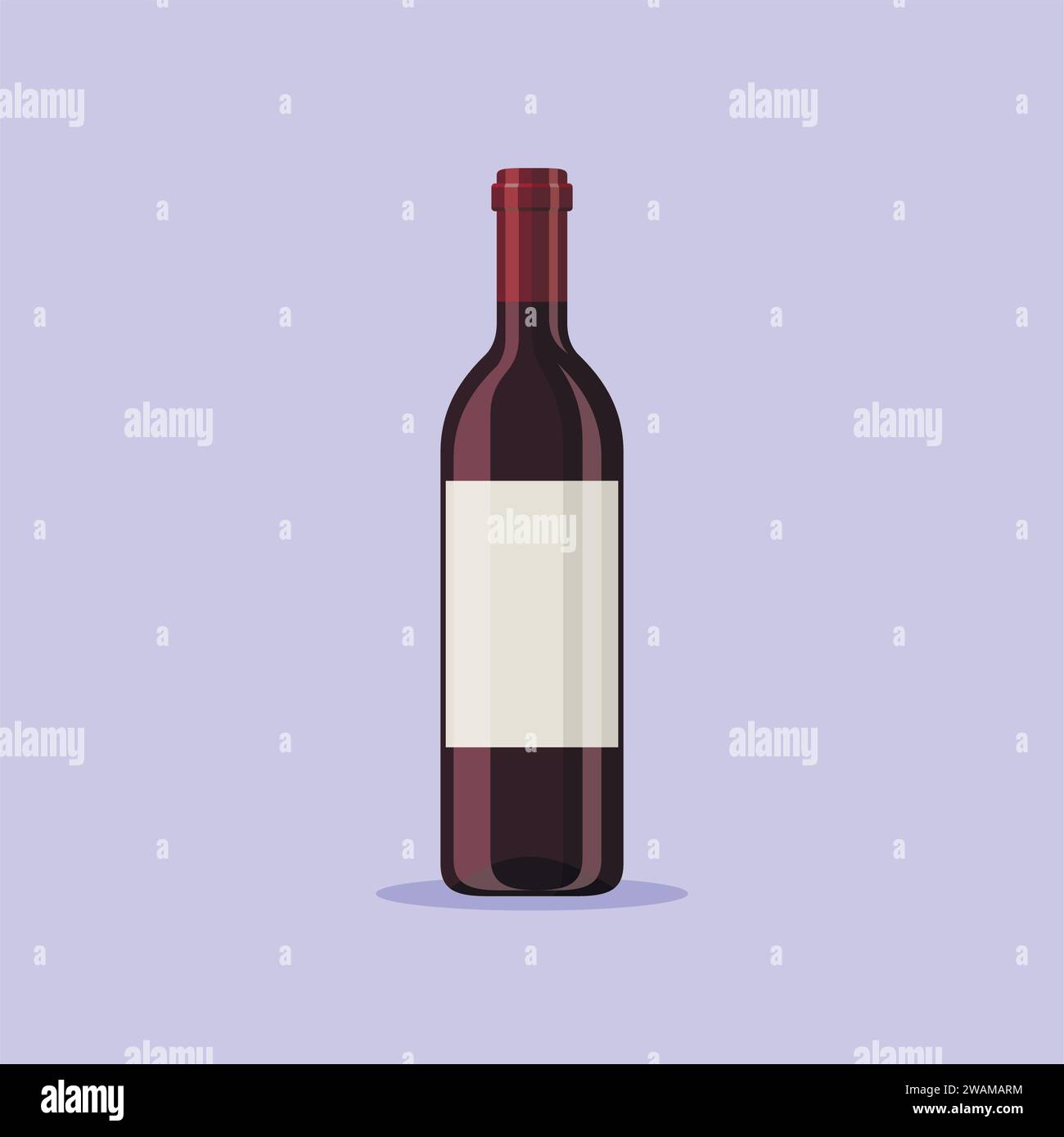 Vektorillustration einer Rotweinflasche isoliert auf blauem Hintergrund. Alkoholisches Getränk in flacher Cartoon-Stil. Stock Vektor