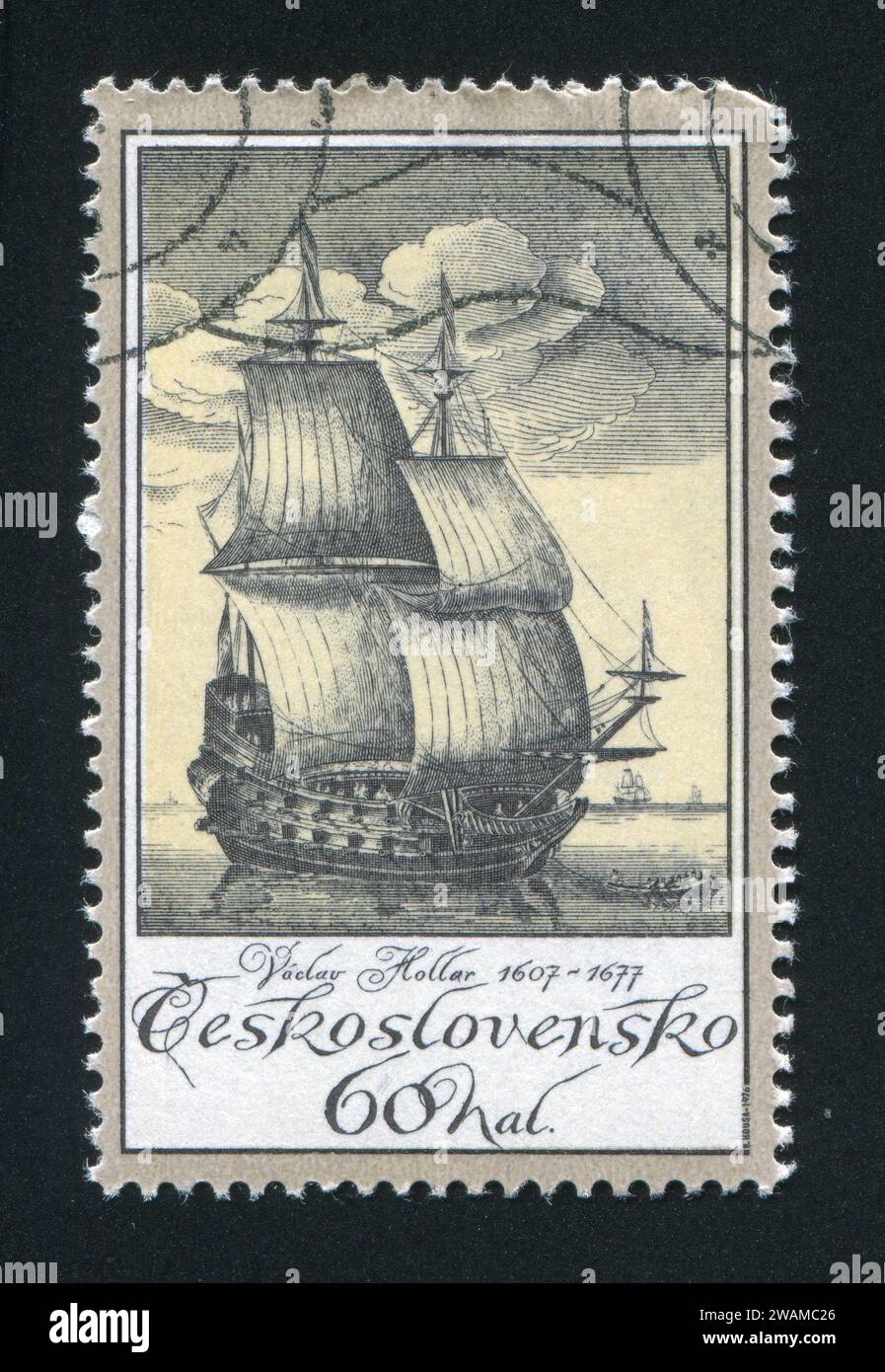 TSCHECHOSLOWAKEI - UM 1976: Stempel gedruckt von der Tschechoslowakei, zeigt alte Stiche von Schiffen, von Vaclav Hollar, um 1976 Stockfoto
