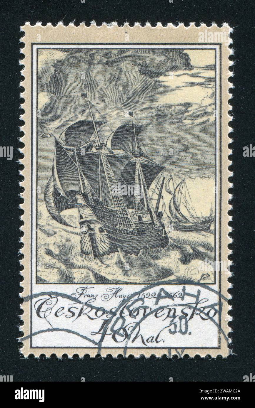 TSCHECHOSLOWAKEI - UM 1976: Stempel gedruckt von der Tschechoslowakei, zeigt Schiffe im Sturm, von Frans Huys, um 1976 Stockfoto