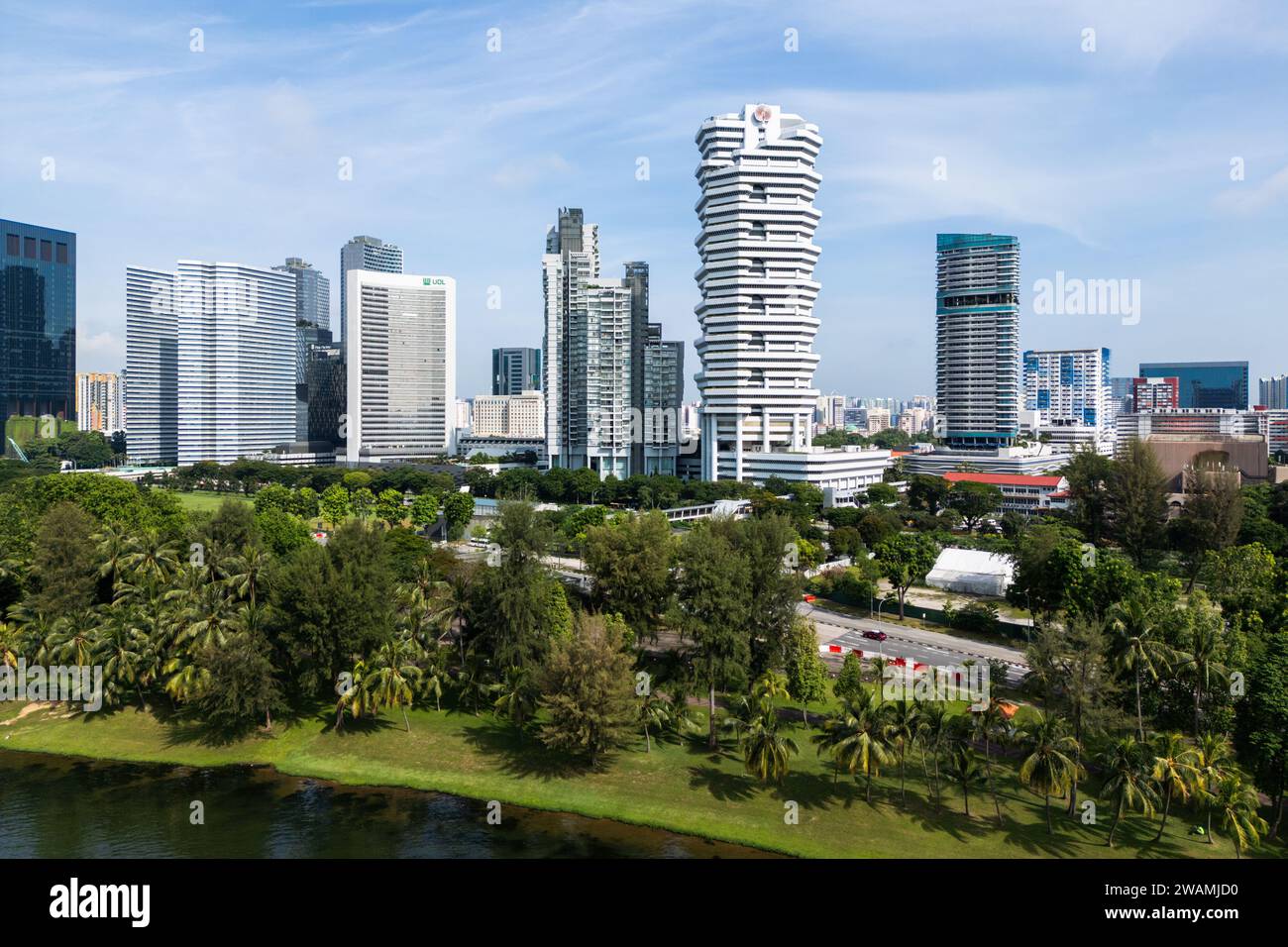 The Concourse, Singapur, Luftaufnahme mit Kontext der Beach Road, entworfen von Paul Rudolph Stockfoto