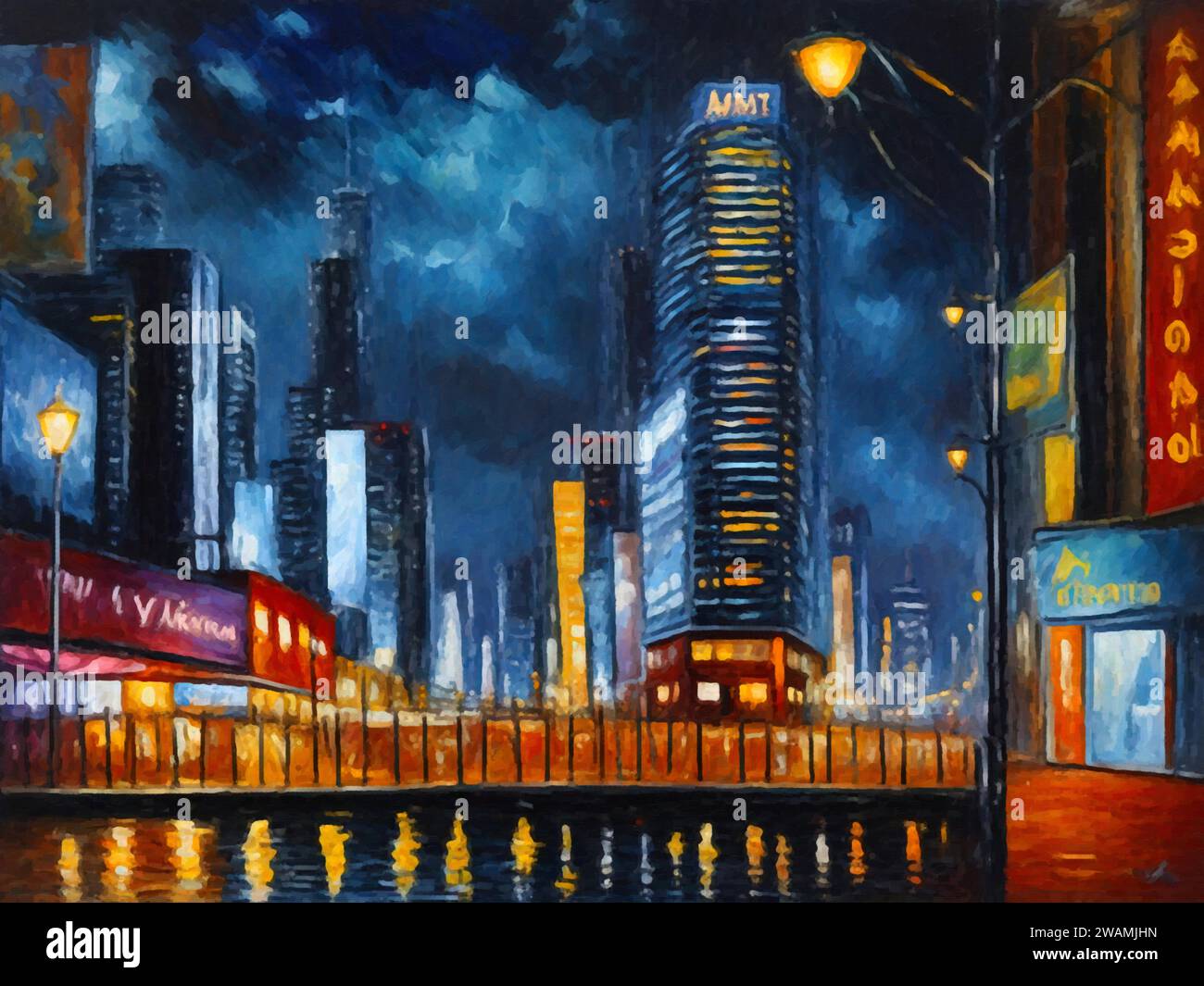 „City Lights“ (Gemälde), Öl auf Leinwand, das die belebten Lichter der Stadt vom Künstler Younsi darstellt. Stock Vektor