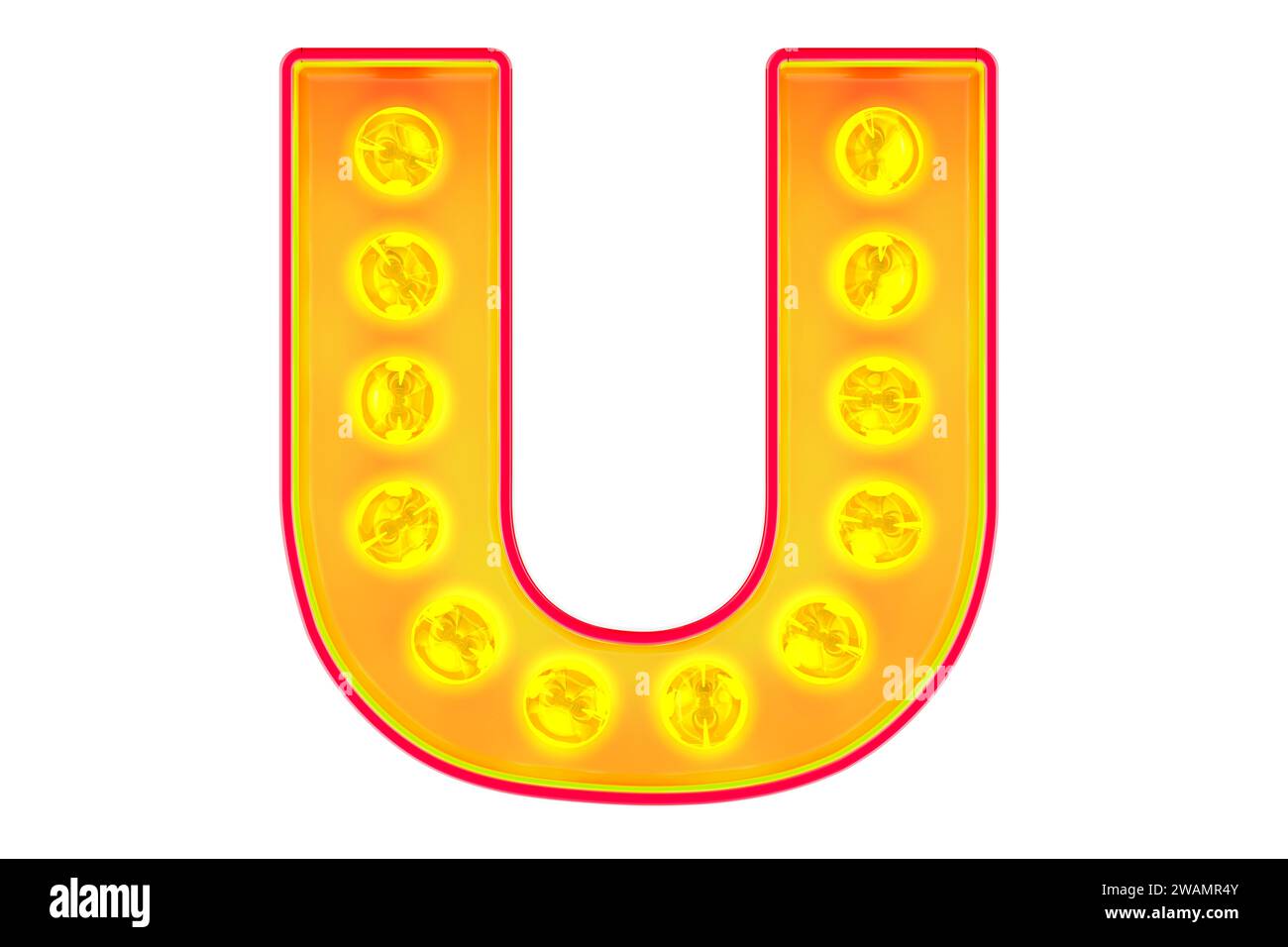 Glühlampe Buchstabe U, leuchtende Retro-Schriftart. 3D-Rendering isoliert auf weißem Hintergrund Stockfoto