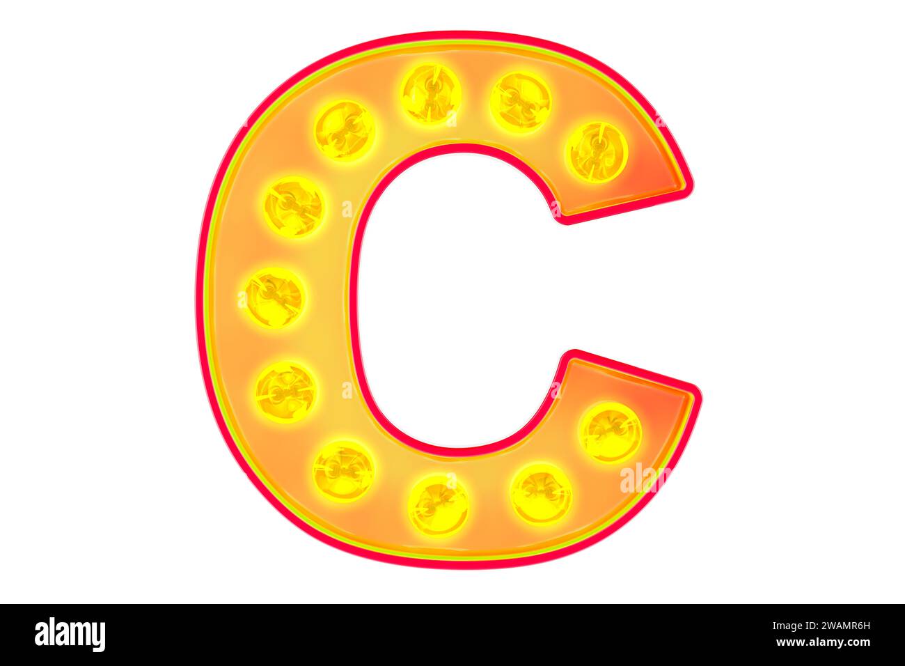 Glühlampe Buchstabe C, leuchtende Retro-Schriftart. 3D-Rendering isoliert auf weißem Hintergrund Stockfoto