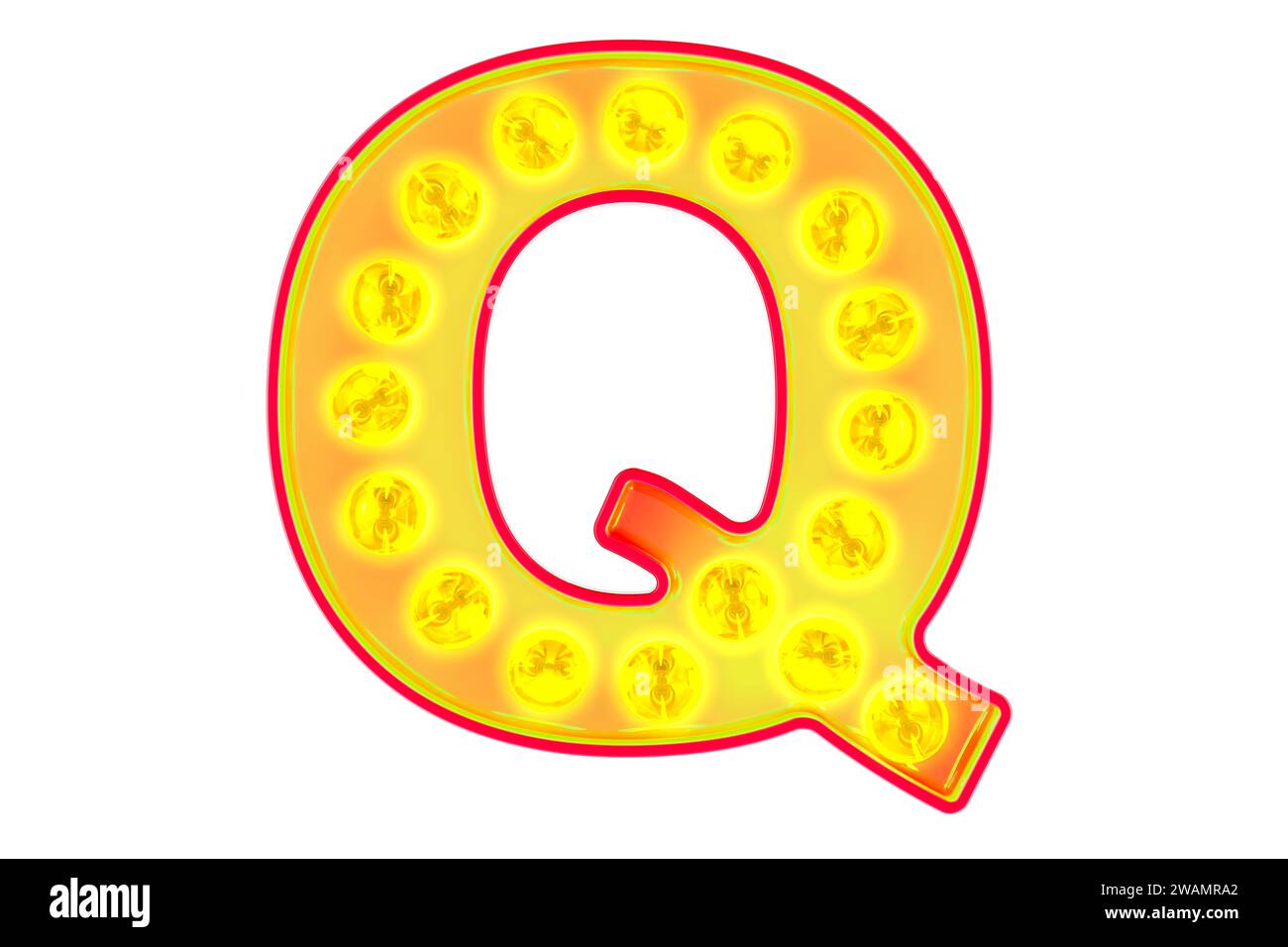 Glühlampe Buchstabe Q, leuchtende Retro-Schriftart. 3D-Rendering isoliert auf weißem Hintergrund Stockfoto