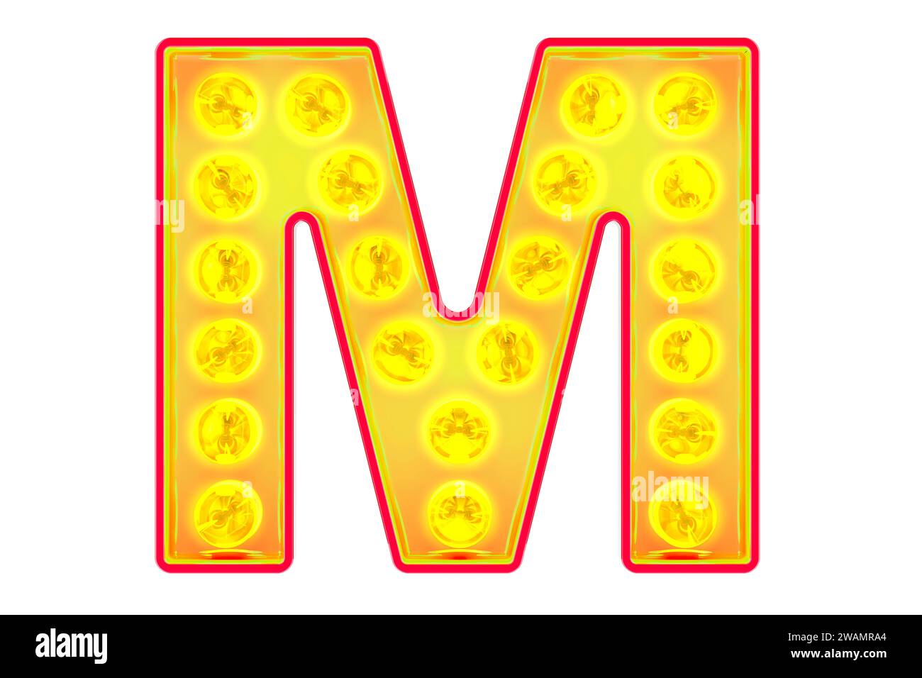Glühlampe Buchstabe M, leuchtende Retro-Schriftart. 3D-Rendering isoliert auf weißem Hintergrund Stockfoto
