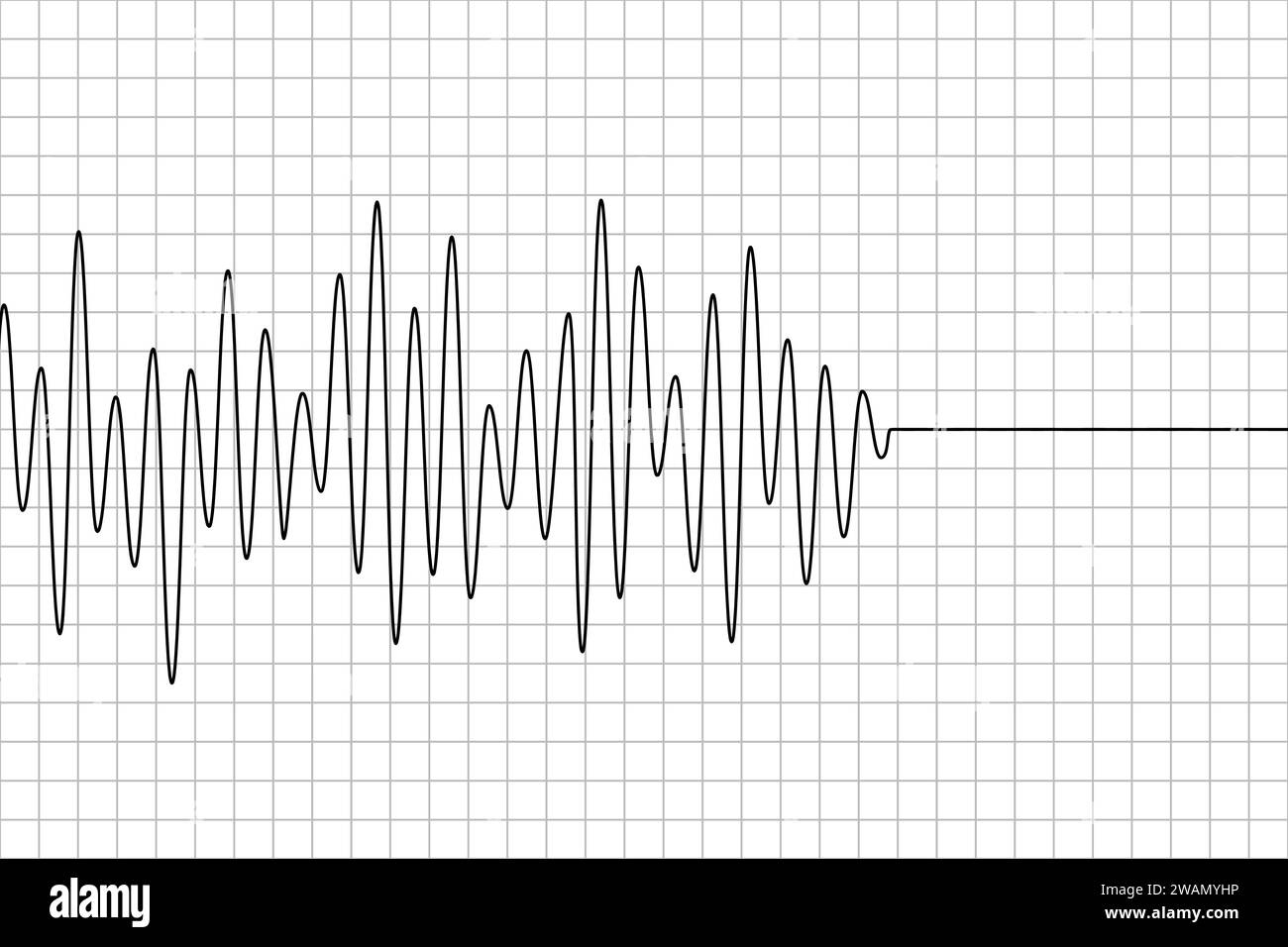 Polygraphkurvenlinie auf Diagrammpapier. Schwarzes Erdbebenmuster isoliert auf weißem Hintergrund. Seismographen-Symbol. Detektorlage. Richterskala. Seismometer Stock Vektor