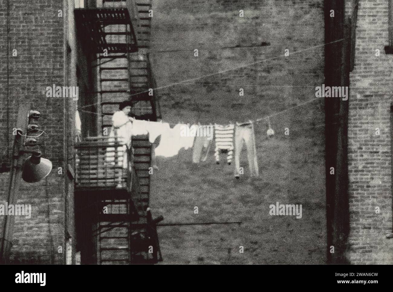 Frau, die auf einer Feuertreppe steht, hängt Kleidung zum Trocknen an der Wäscheleine, die zum Nachbargebäude läuft, New York City, New York, USA, Angelo Rizzuto, Anthony Angel Collection, November 1956 Stockfoto