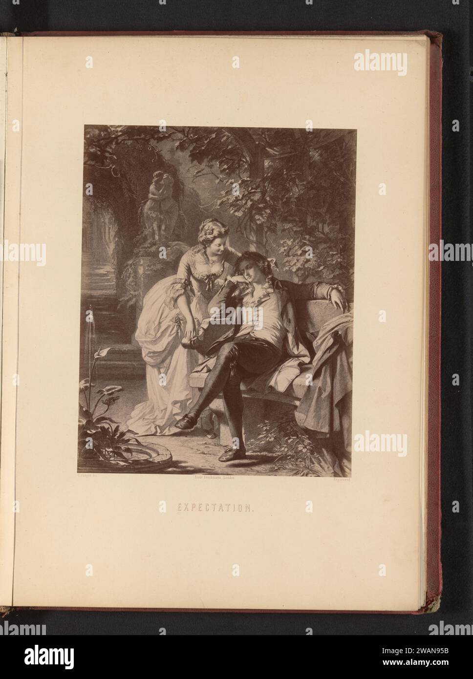 Fotoproduktion einer Zeichnung einer Szene aus einem Theaterstück von Friedrich Schiller mit einem Liebespaar in einem Park, von Carl Jaeger, Friedrich Bruckmann, nach Carl Jaeger, um 1870 - in oder vor ca. 1875 Fotografie London (möglicherweise) fotografisches Trägeralbumen Printpaare von Liebenden Stockfoto