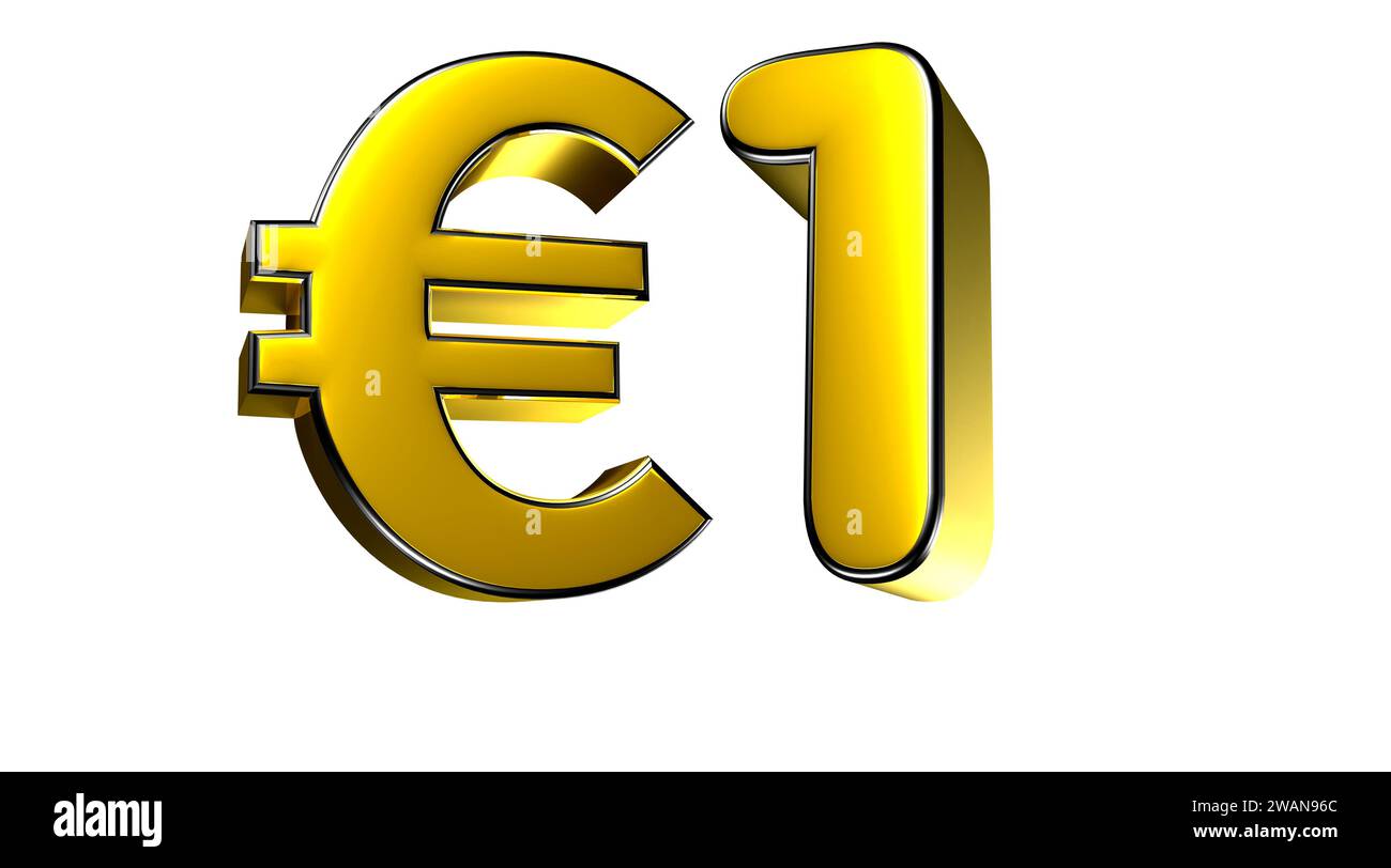 3D-Illustration mit 1 Euro-Figur in Gold auf weißem Hintergrund mit Arbeitspfad. Werbeschilder. Produktdesign. Produktverkäufe. Stockfoto