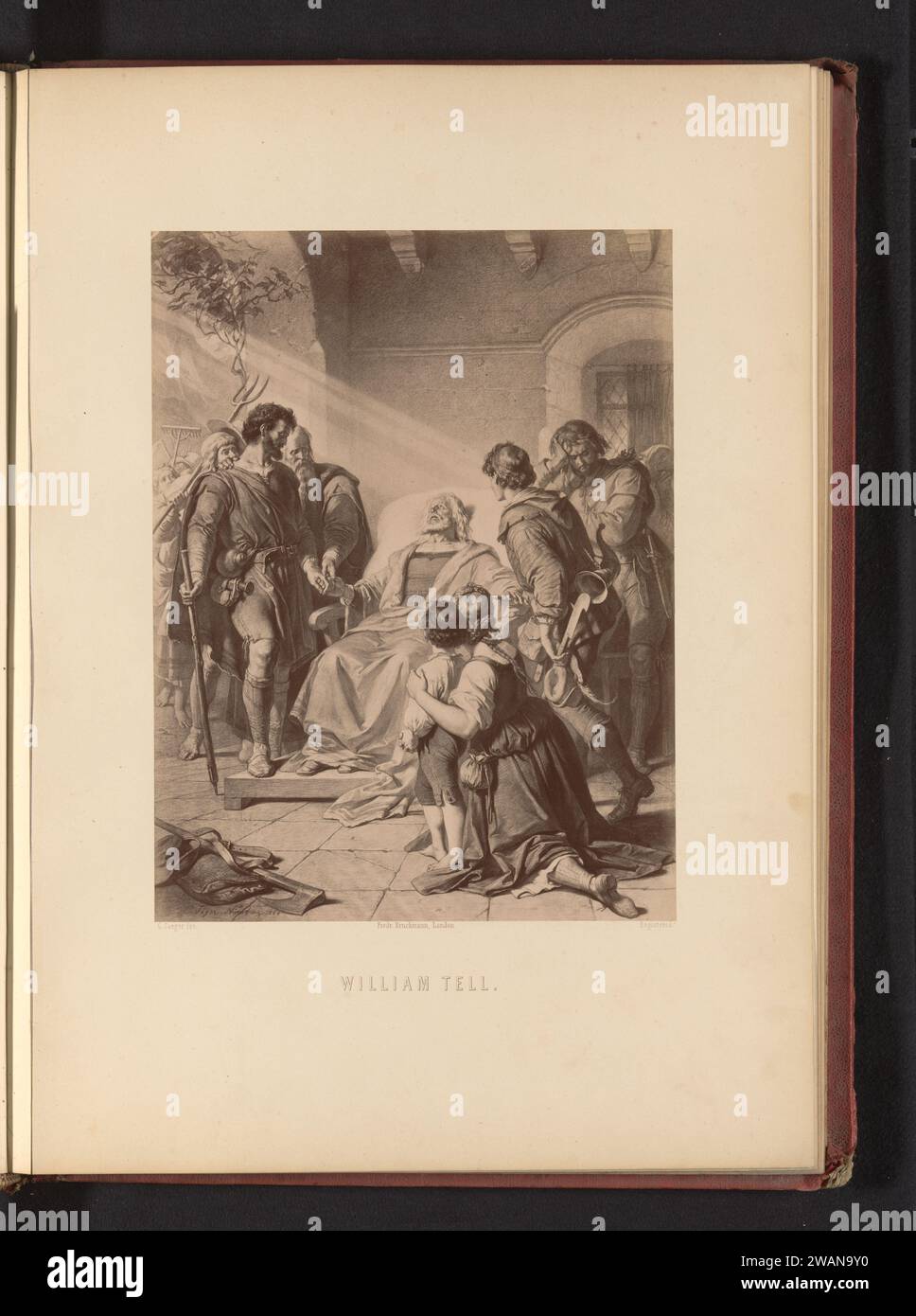 Fotoproduktion einer Zeichnung einer Todesszene von William Tell von Friedrich Schiller, von Carl Jaeger, Friedrich Bruckmann, nach Carl Jaeger, um 1870 - in oder vor ca. 1875 Fotografie London (möglicherweise) fotografischer Trägeralbumendruck Totenbett Stockfoto