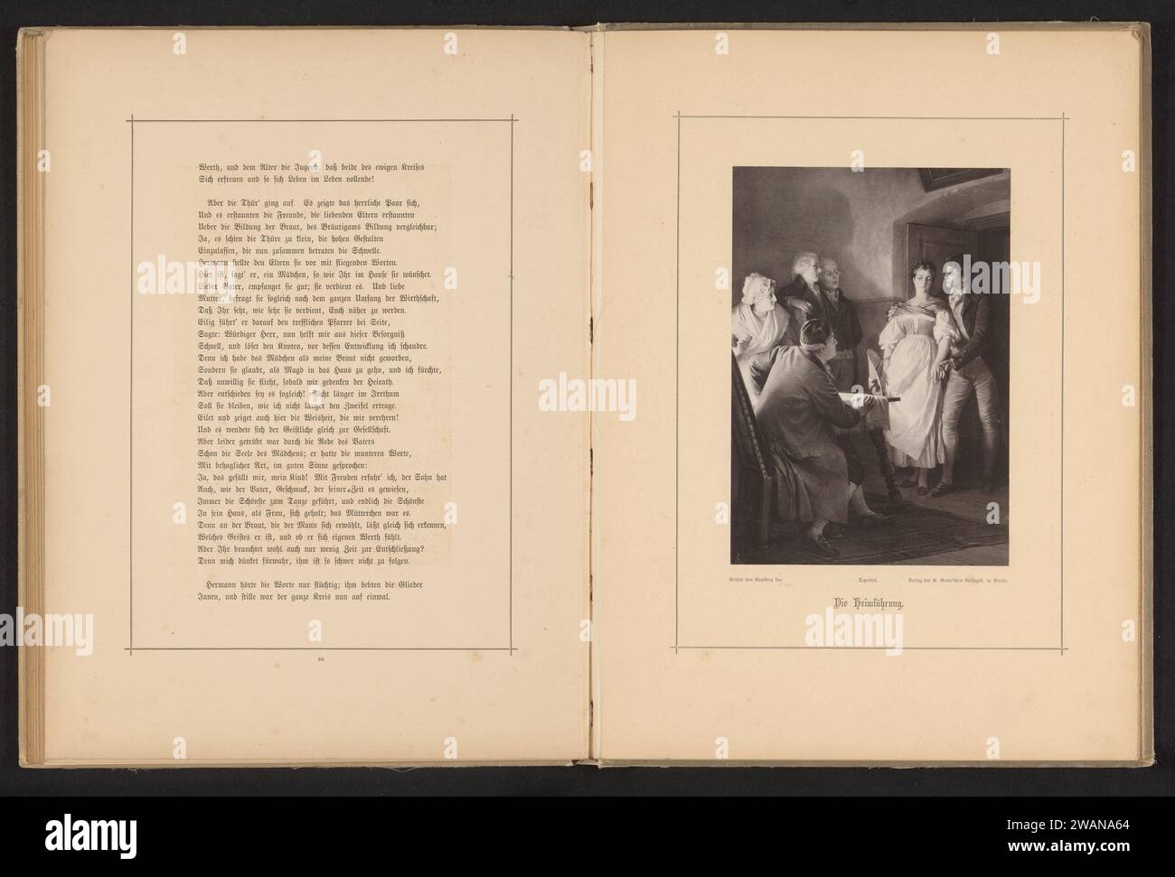 Fotoproduktion eines Gemäldes, das Hermann und Dorothea repräsentiert, treten die Eltern von Hermann, Anonym, nach Arthur Georg von Ramberg, um 1876 ein - in oder vor 1881 photomechanisches Druckpapier kollotypischer Jugendlicher, junge Frau, Jungfrau. Jugend, Jugendliche. Eltern (Familienbeziehungen ersten Grades). Innenraum  Darstellung eines Gebäudes Stockfoto