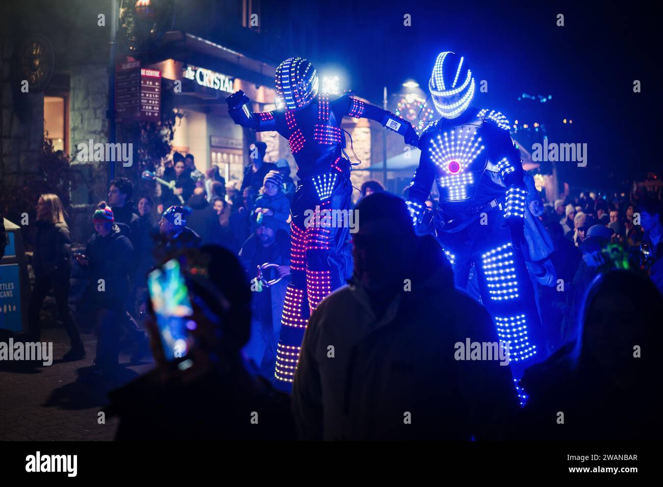 Silvesterparade im Whistler Village. Dezember 31 2023. Stockfoto