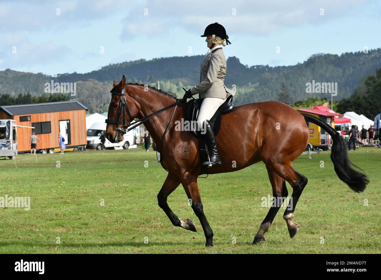 Auckland, Neuseeland. Ein nicht identifizierter Teilnehmer, der sich auf eine Aktion bei einer Reitveranstaltung vorbereitet Stockfoto