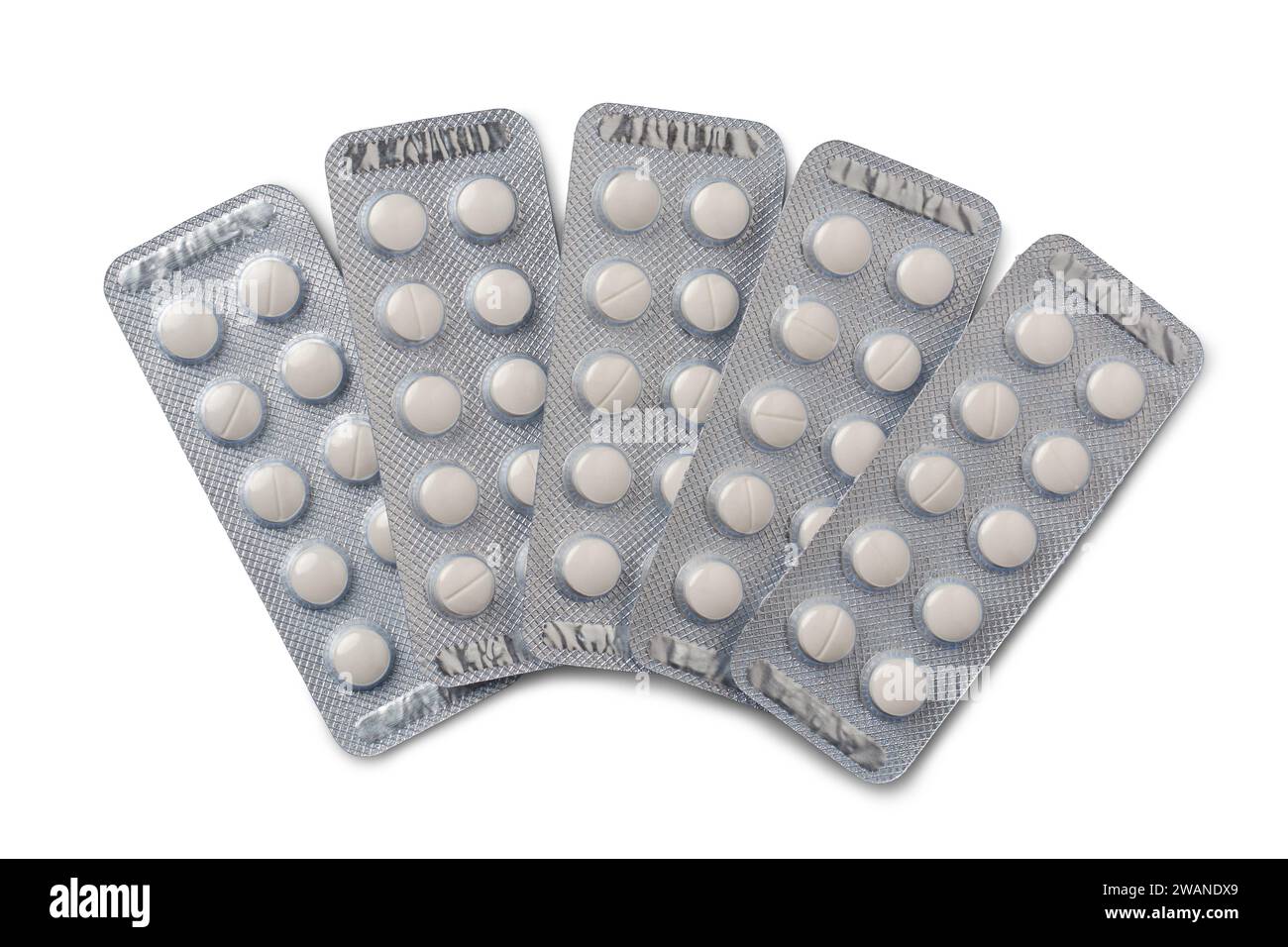 Weiße Farbtabletten in Blisterpackungen, Medikamente für Allergien, Antibiotika, Schmerzmittel, Pakete für Tabletten isoliert auf weißem Hintergrund Stockfoto