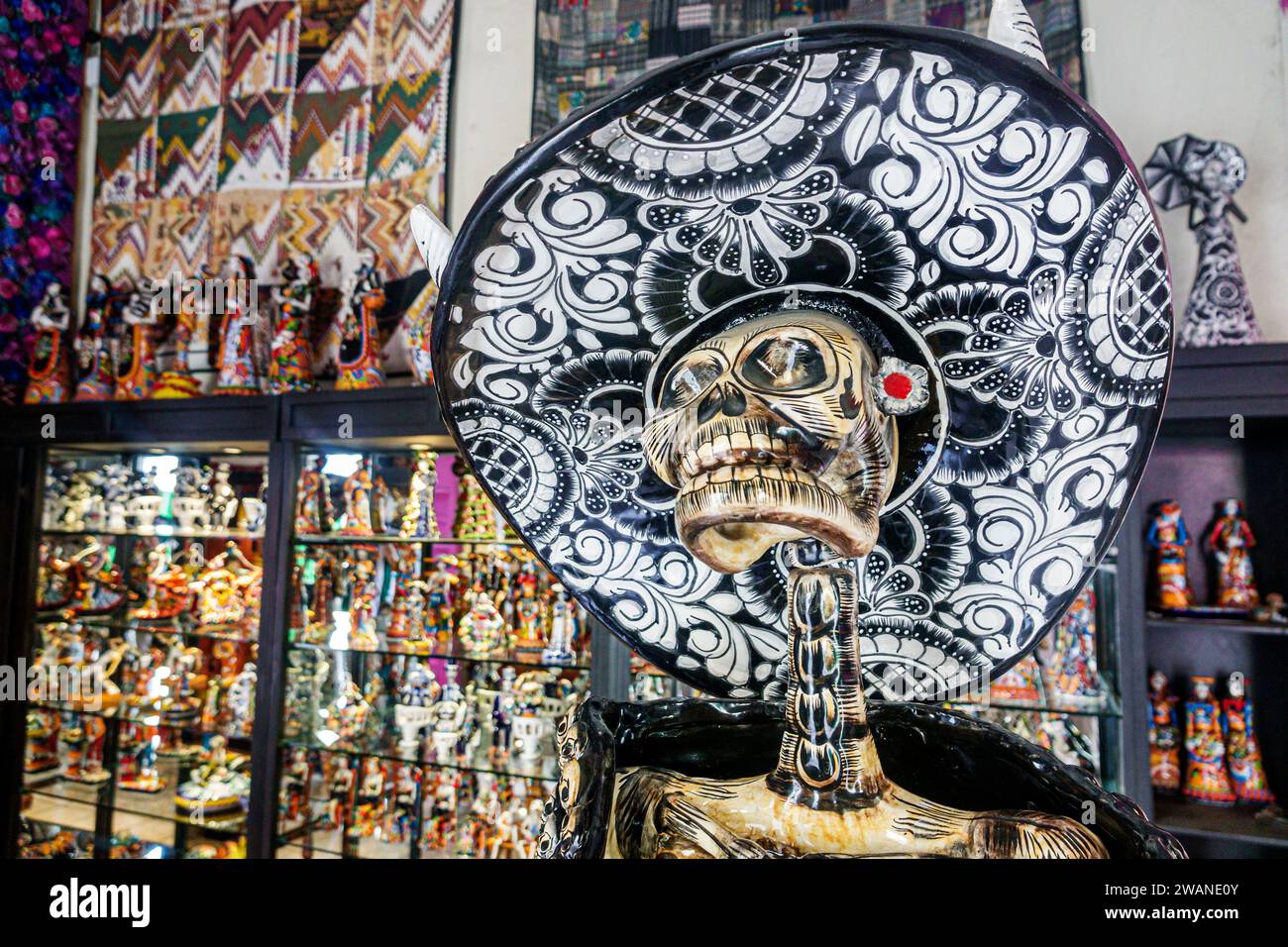 Merida Mexico, Centro Historico Central Historico Central Historic District, La Catrina Day of Dead Skelett, Geschenke Souvenirs, Kunstgalerie Maya-Kunsthandwerker, in Stockfoto