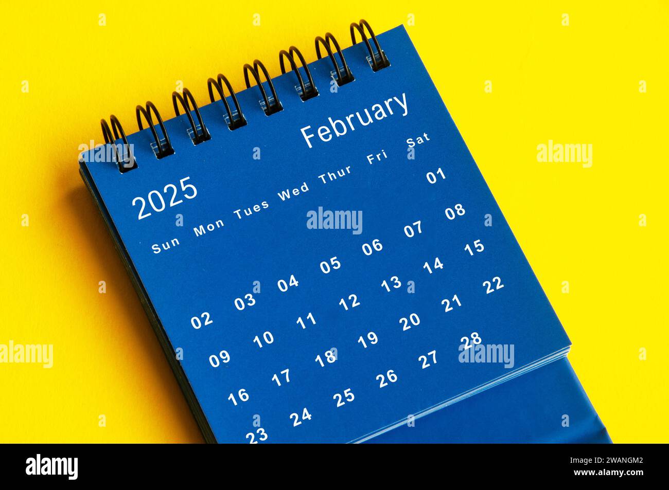 Februar 2025 blauer Schreibtischkalender auf gelbem Umschlaghintergrund. Kalenderkonzept. Stockfoto