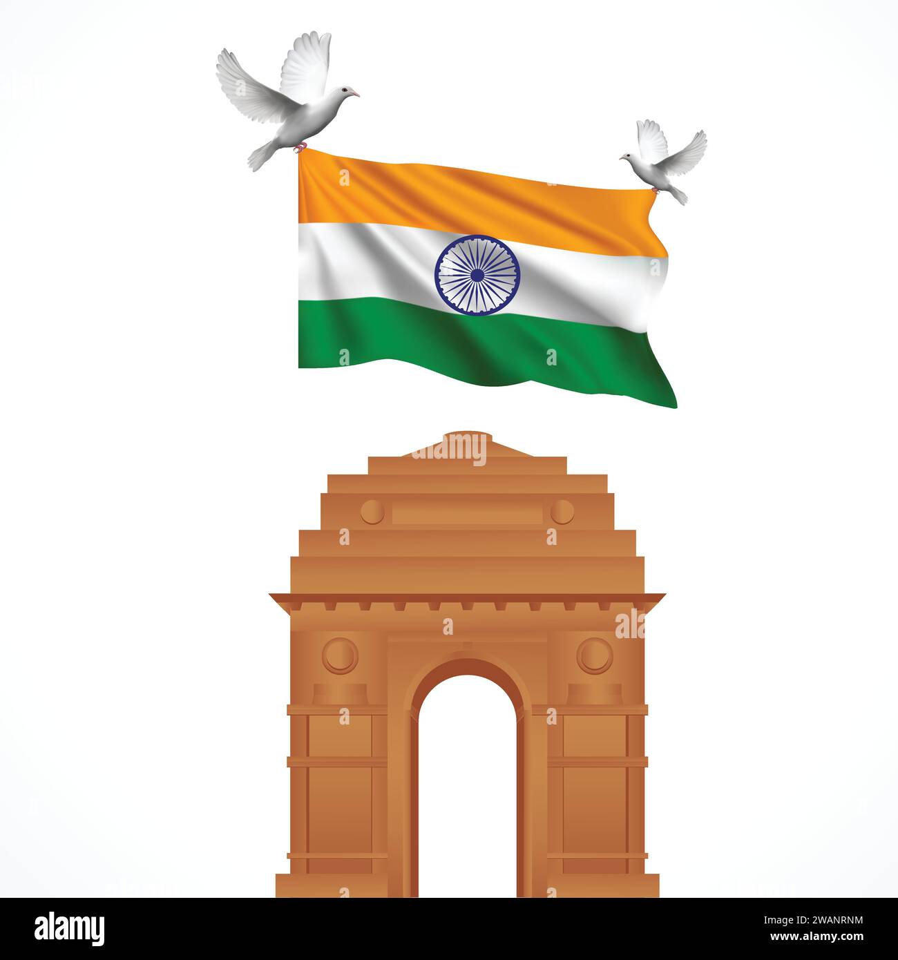 Indian Gate Delhi Vektor-Illustration. Taube auf Nationalflaggenfarben Hintergrund Stock Vektor