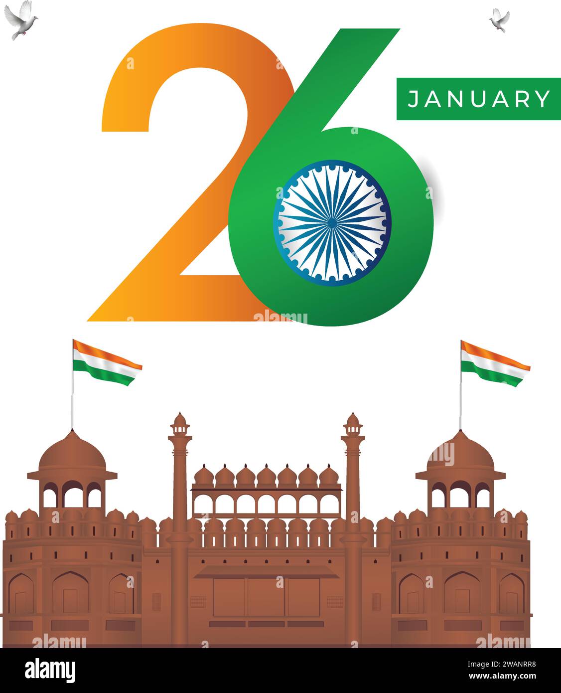 Feierlichkeiten zum Tag der Republik mit Indien am 26. Januar und Ashoka Wheel, Farbe ausprobieren, indische Flagge, Lal Kila Stock Vektor