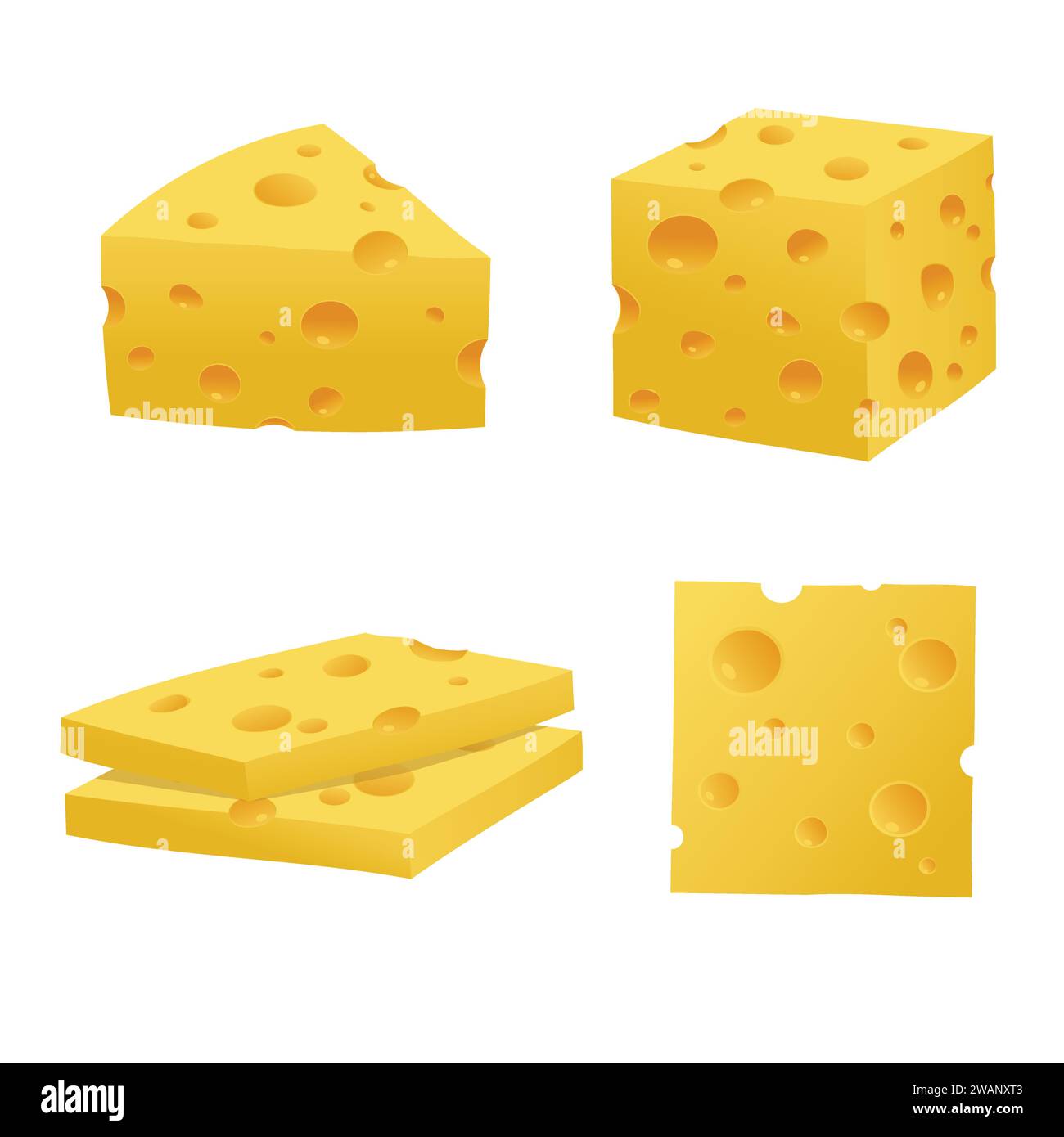 Set von Käseteilen und Scheiben isoliert auf weißem Hintergrund. Symbol für Käseflachkäse. Vektor-Kopf von Käse in flachem Stil isoliert auf weißem Hintergrund Stock Vektor