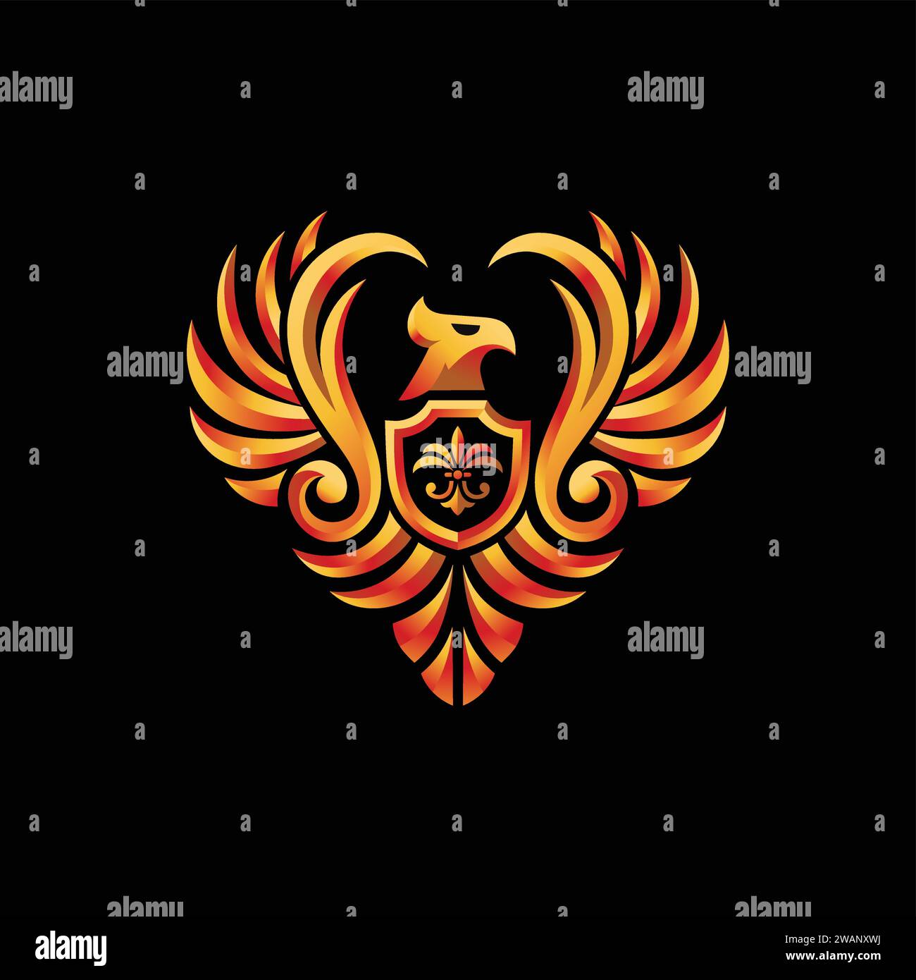 Golden Eagle oder phoenix Wappen Schild Vektor Illustration Stock Vektor
