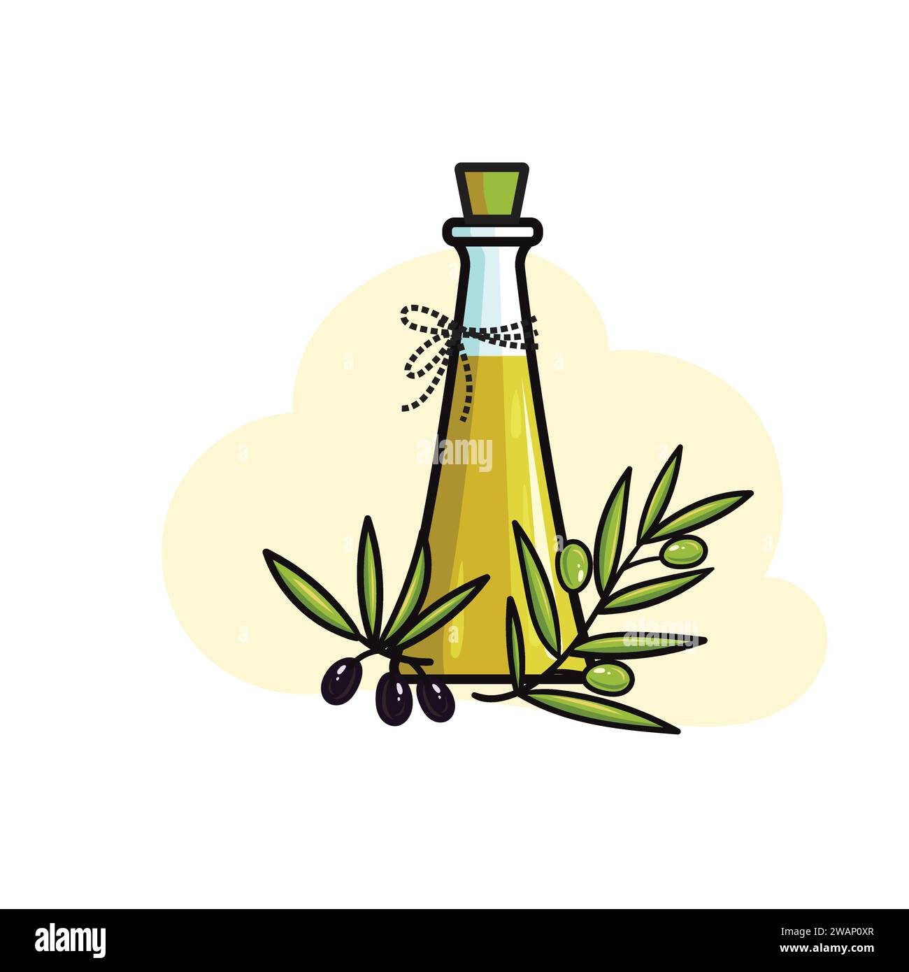 Glasflasche Olivenöl und Oliven mit Blättern. Abbildung in flacher Ausführung Raster. Stock Vektor