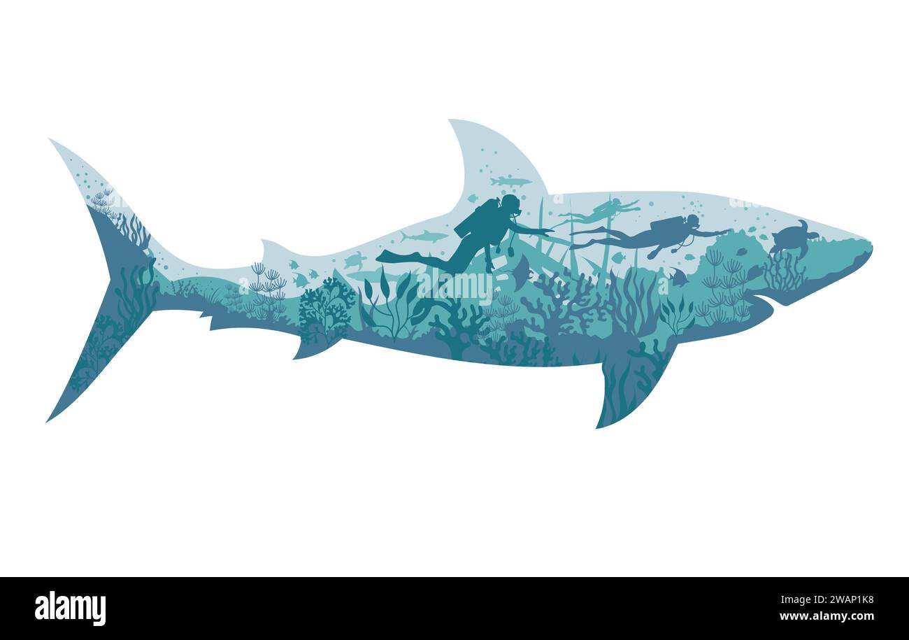 Silhouette eines Tauchers mit Unterwasserleben mit Haien als Hintergrund Stock Vektor