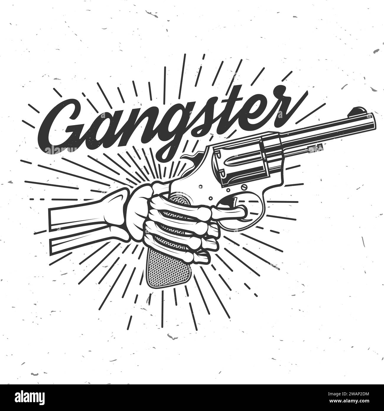 Klassisches Gangster-Logo. Vektorabbildung. Schwarzes Vintage-Etikett, Aufkleber, Patch mit Skelett-Hand mit Revolver-Silhouette. Stock Vektor