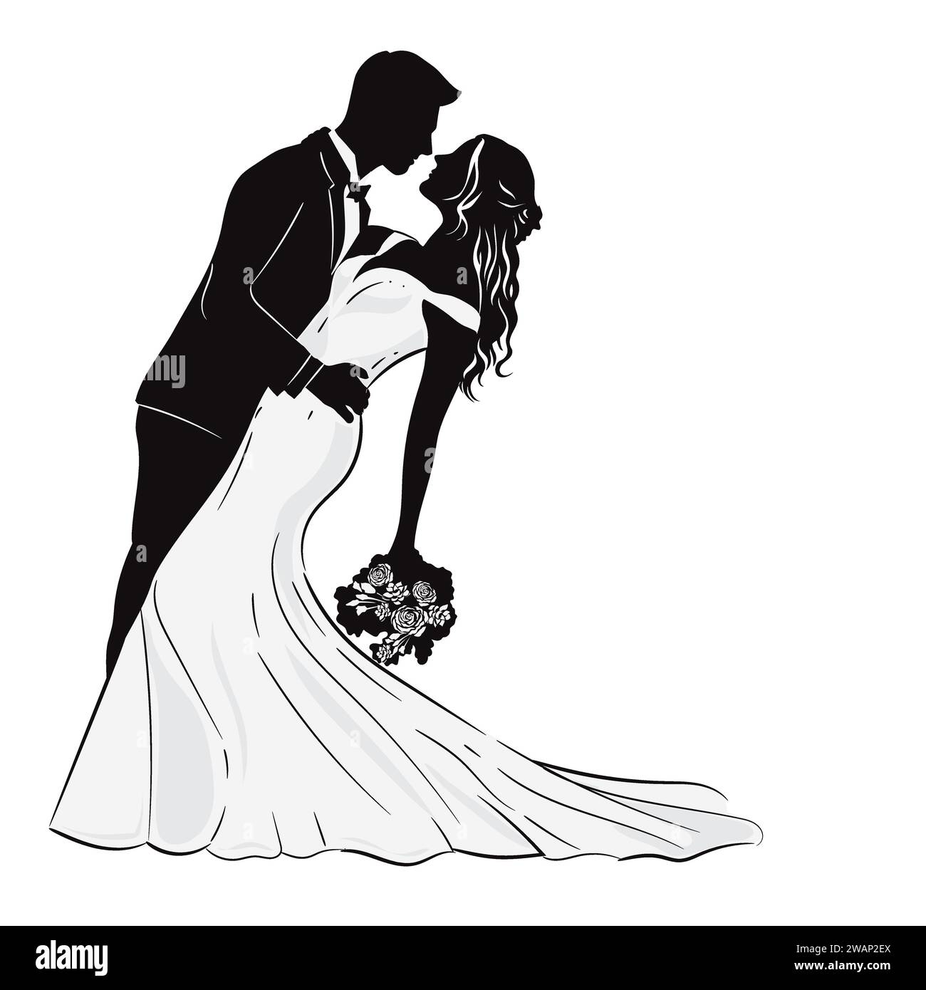 Silhouette von Braut und Bräutigam für Hintergrund, Hochzeitseinladungsvektor Stock Vektor