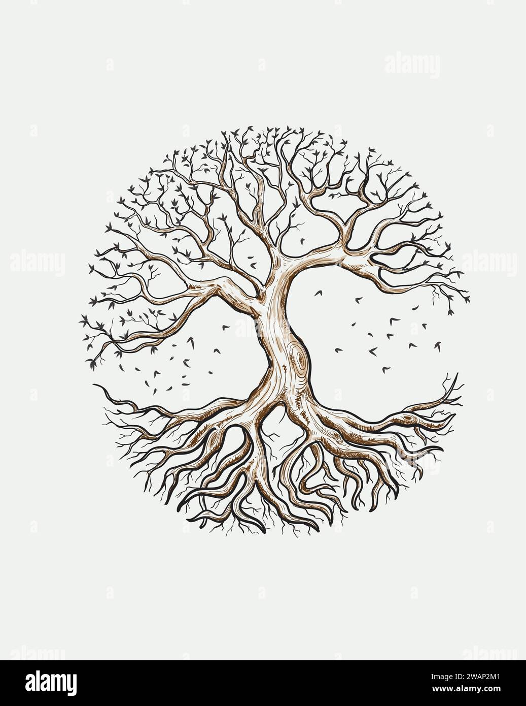 Baum des Lebens Vektor-Illustration mit Baum und Wurzeln Silhouette. Handgezeichnete Tinte Stock Vektor