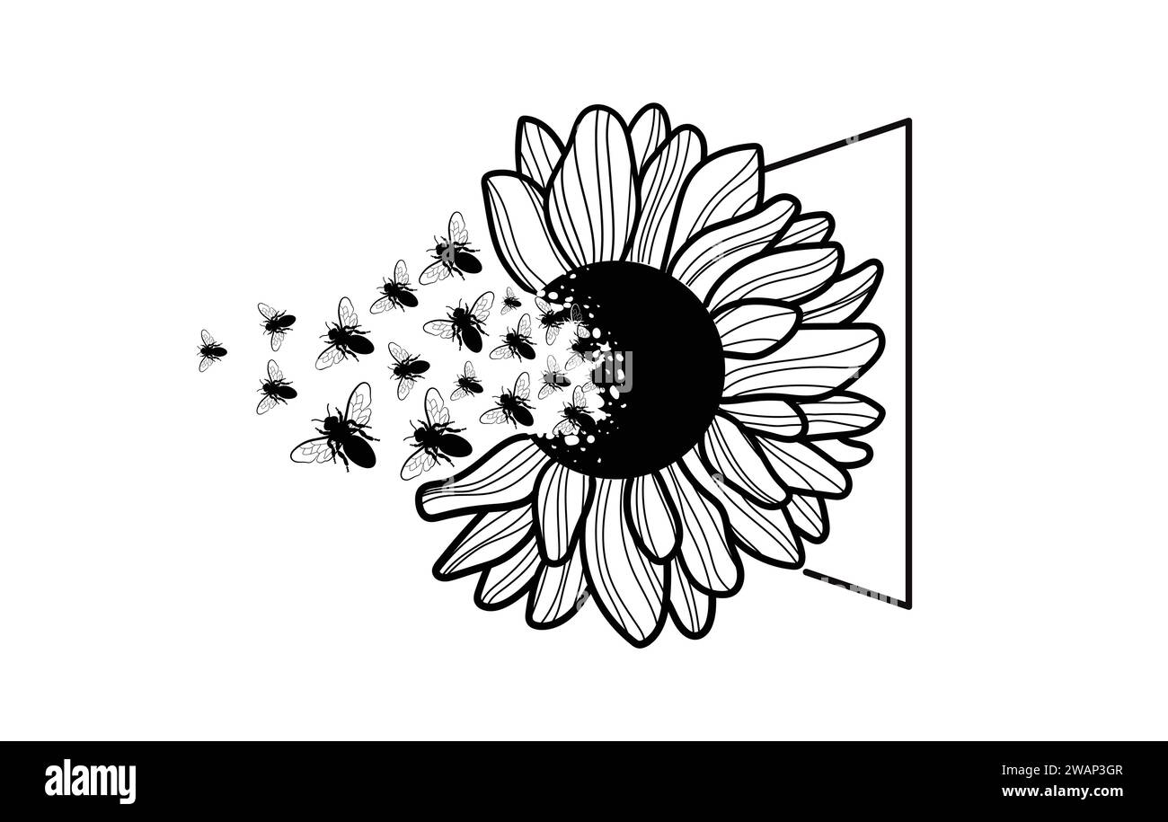 Honigbiene und Sonnenblume Hand gezeichnete Vektor-Illustration. Stock Vektor