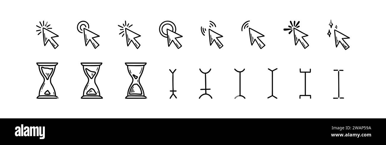 Klicken Sie auf die Symbolgruppe „Doodle Click“. Hand gezeichnete Maus, die den Cursor eingibt. Drücken Sie hier auf die Schaltfläche tippen. Pfeil und Fingerzeiger. Illustration des Skizzenvektors. Sanduhr ti Stock Vektor