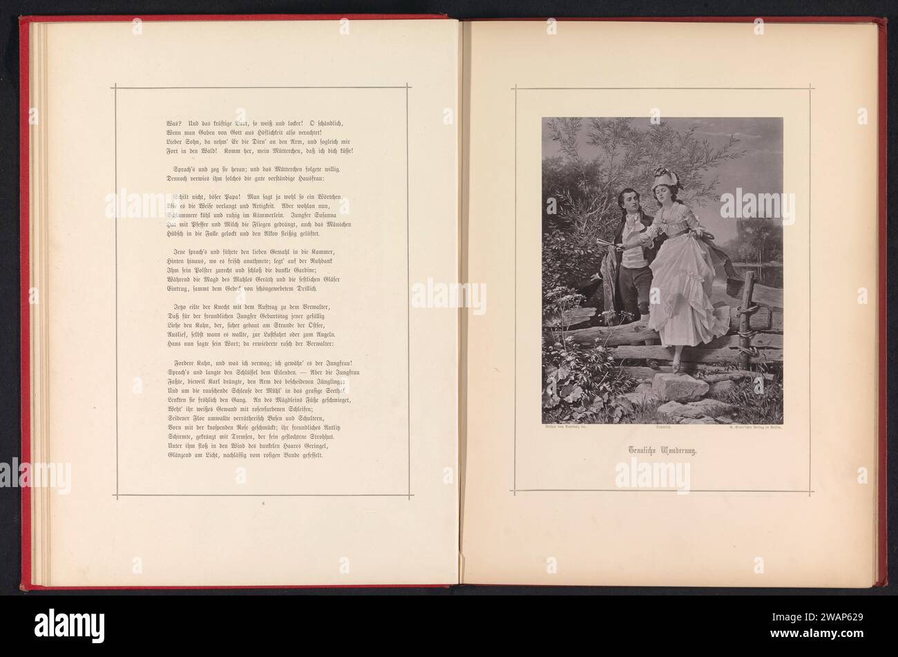 Fotoproduktion eines Gemäldes eines jungen Mannes und einer Frau, die einen Holzzaun passieren, anonym, nach Arthur Georg von Ramberg, um 1874 - in oder vor 1884 photomechanischen Druckpapierkollotypen Jugend, Jugendliche. Jugendliche, junge Frau, Jungfrau. Schlendern. Zaun, Wand, Blässe Stockfoto