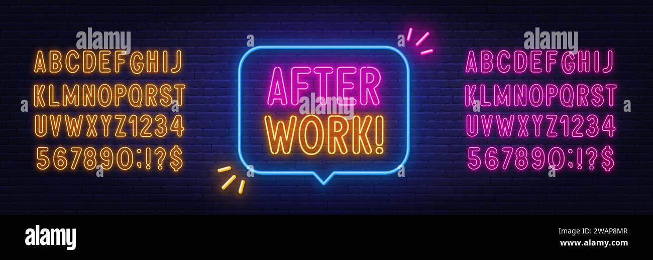 Neonschild nach der Arbeit in der Sprechblase auf Backsteinmauerhintergrund. Rosa und gelbe Neon-Alphabete. Stock Vektor